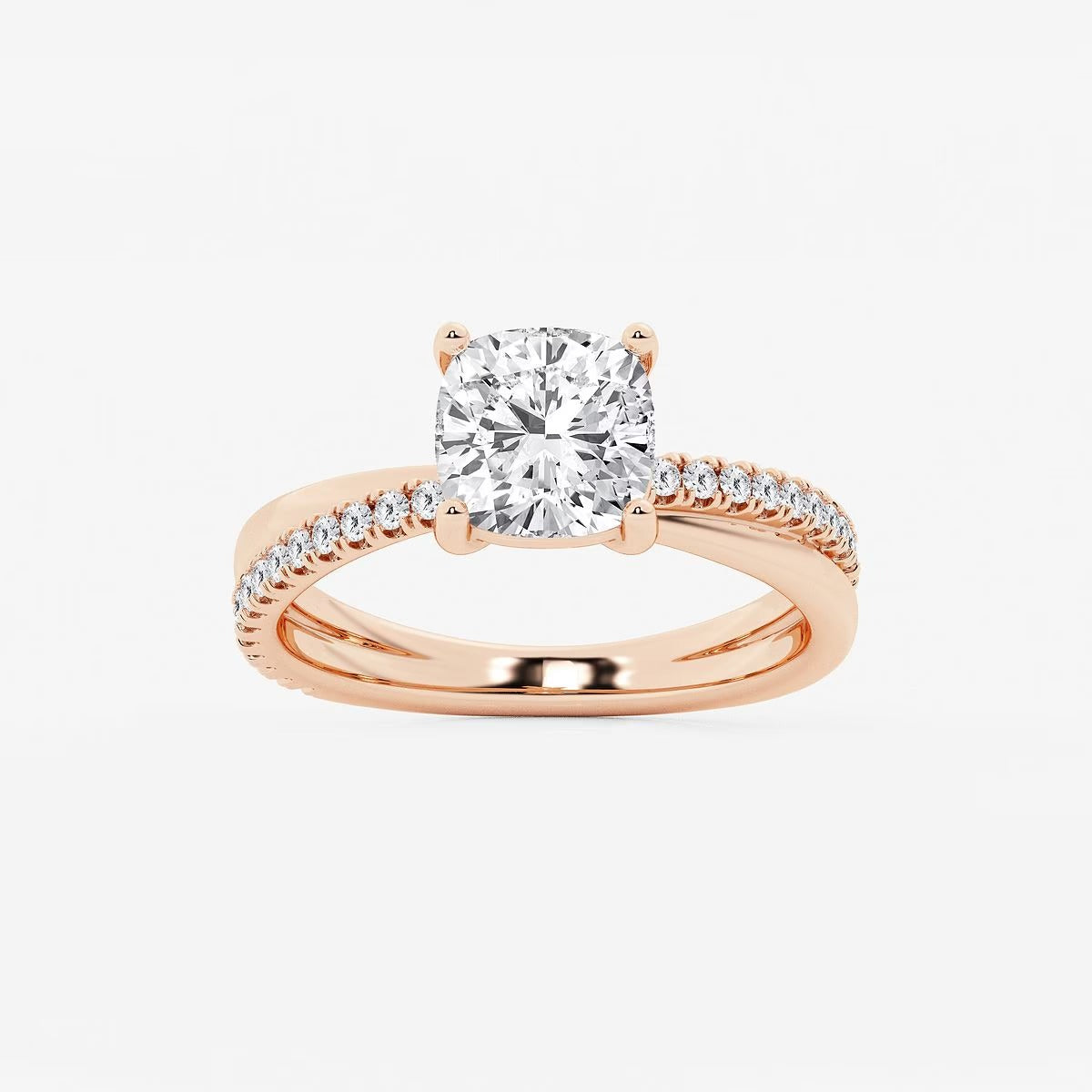 2.30 Ct Cushion Lab Grown Diamond Crossover Double Band Solitaire Engagement Ring with Side Accents