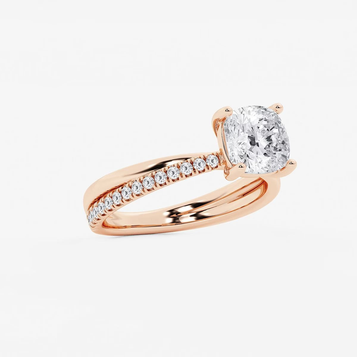 2.30 Ct Cushion Lab Grown Diamond Crossover Double Band Solitaire Engagement Ring with Side Accents