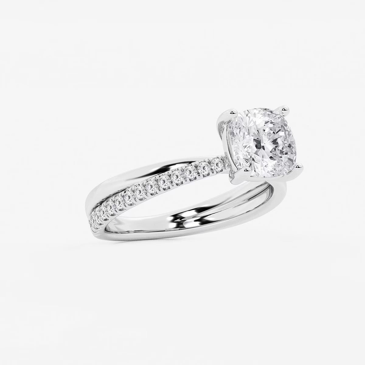 2.30 Ct Cushion Lab Grown Diamond Crossover Double Band Solitaire Engagement Ring with Side Accents