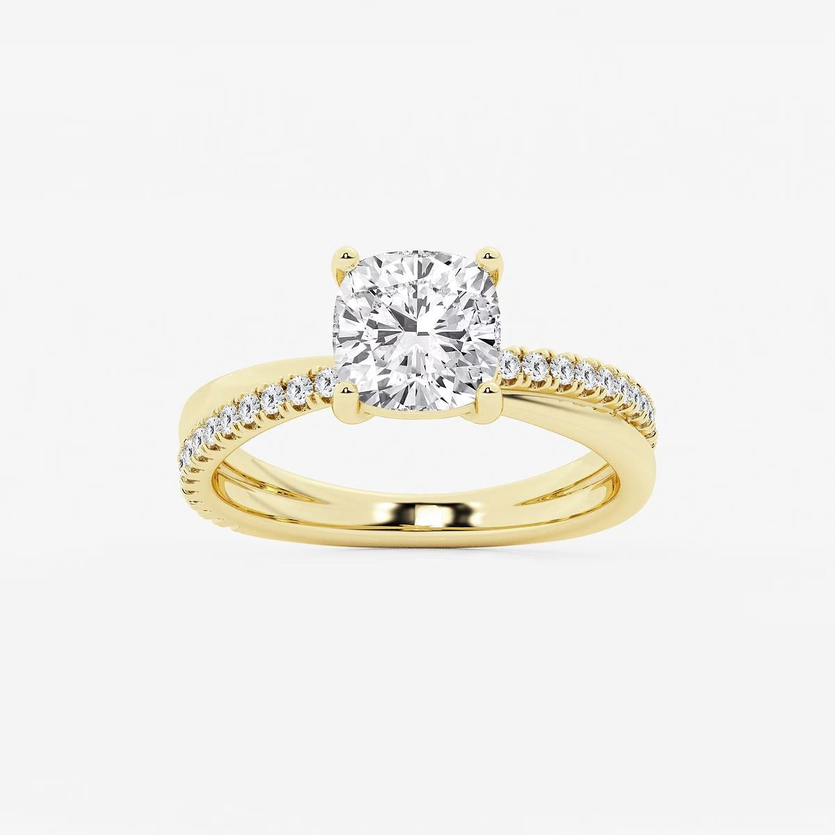 2.30 Ct Cushion Lab Grown Diamond Crossover Double Band Solitaire Engagement Ring with Side Accents