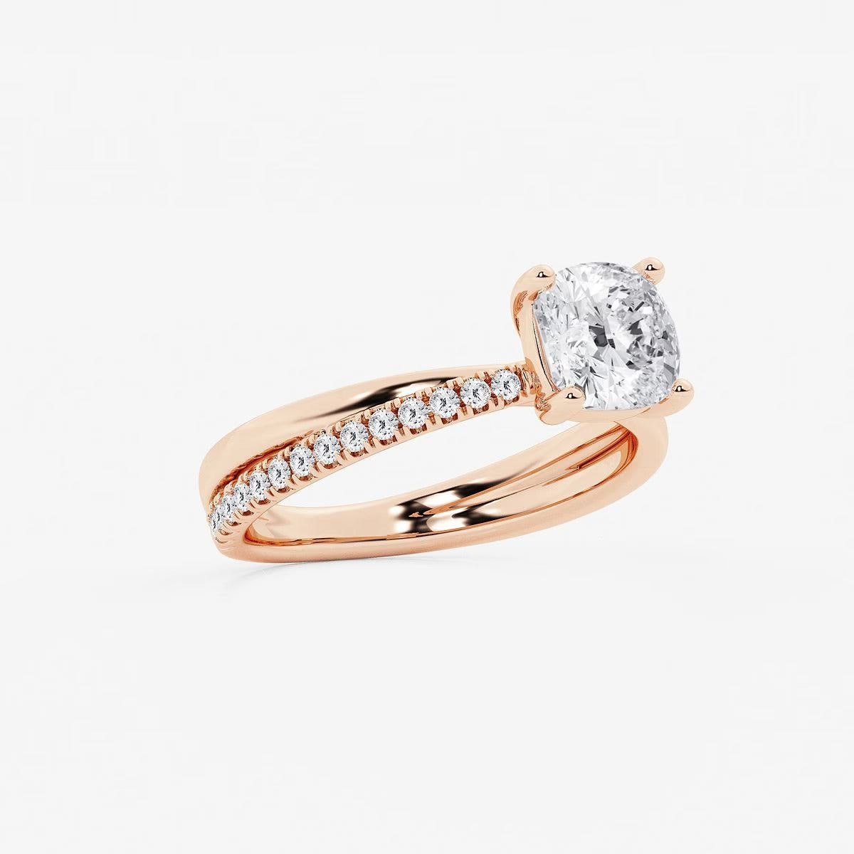 1.80 Ct Cushion Lab Grown Diamond Crossover Double Band Solitaire Engagement Ring with Side Accents