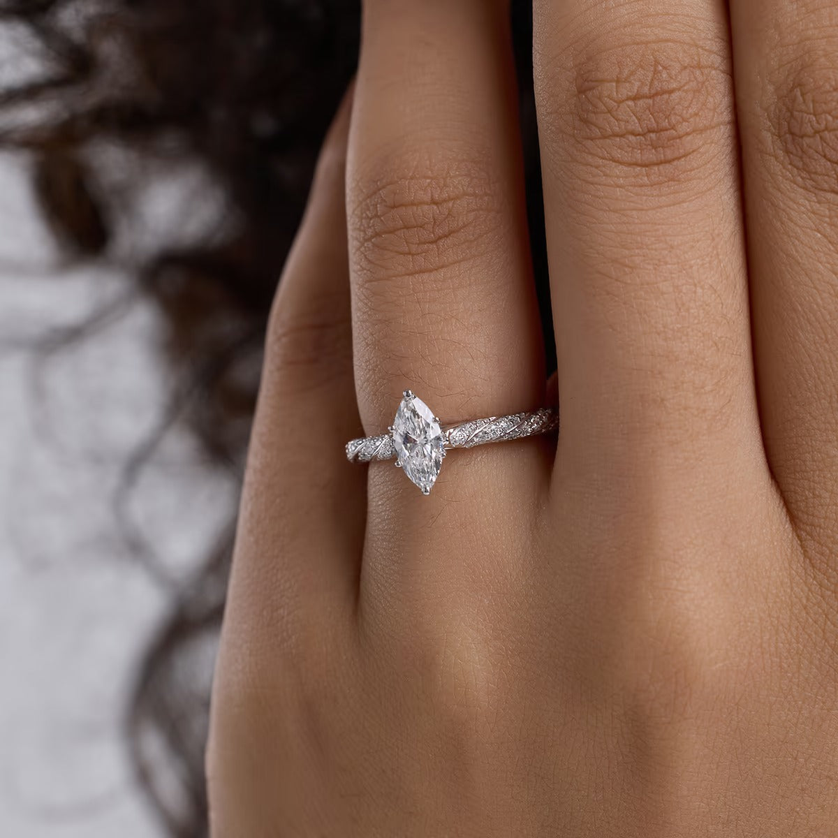 3.00 ctw Center Stone Marquise & Side Stone Round Lab Grown Diamond Ribbon Engagement Ring