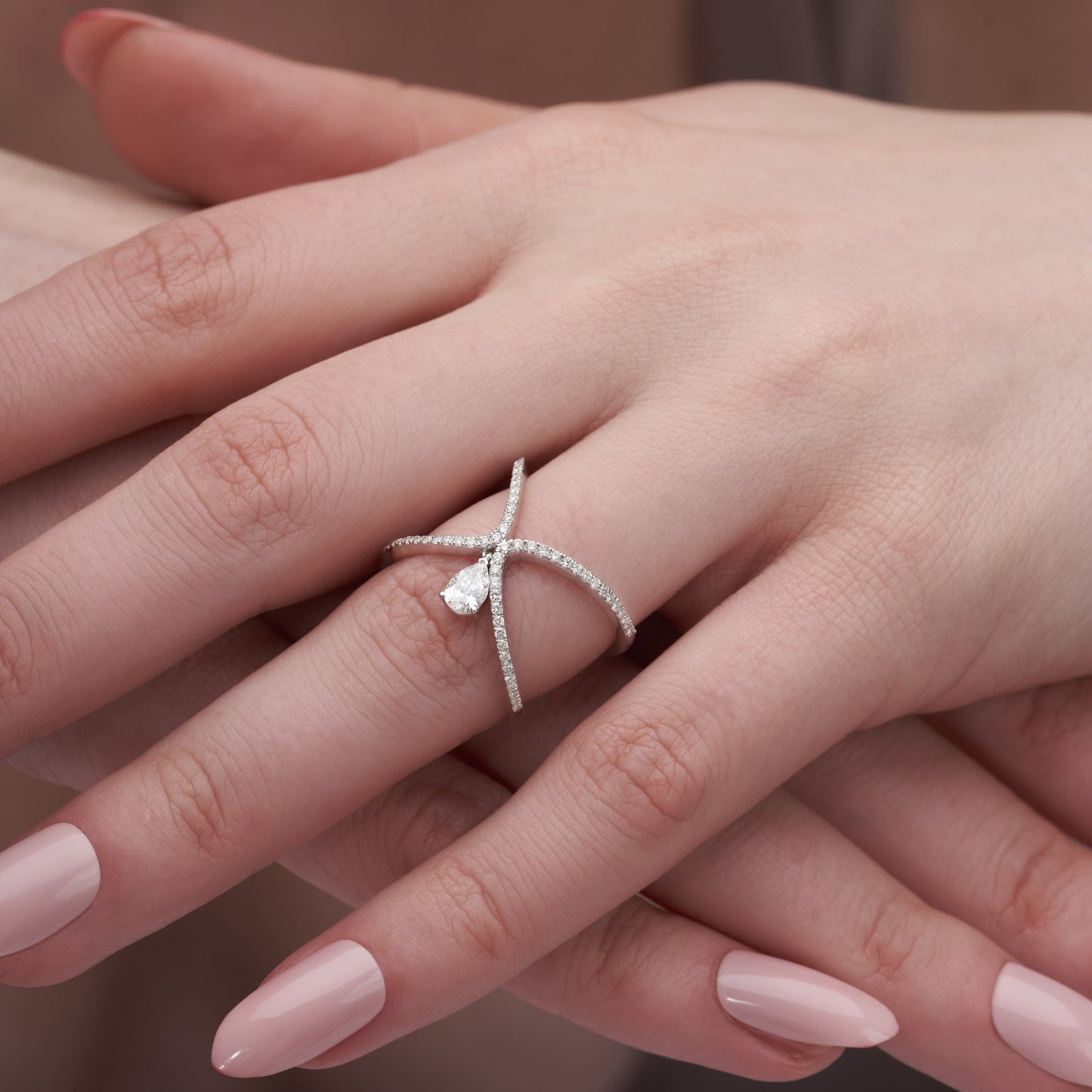 0.61 Ct Knotted Criss Cross Ring With Pear | Best Anniversary Gift For Women