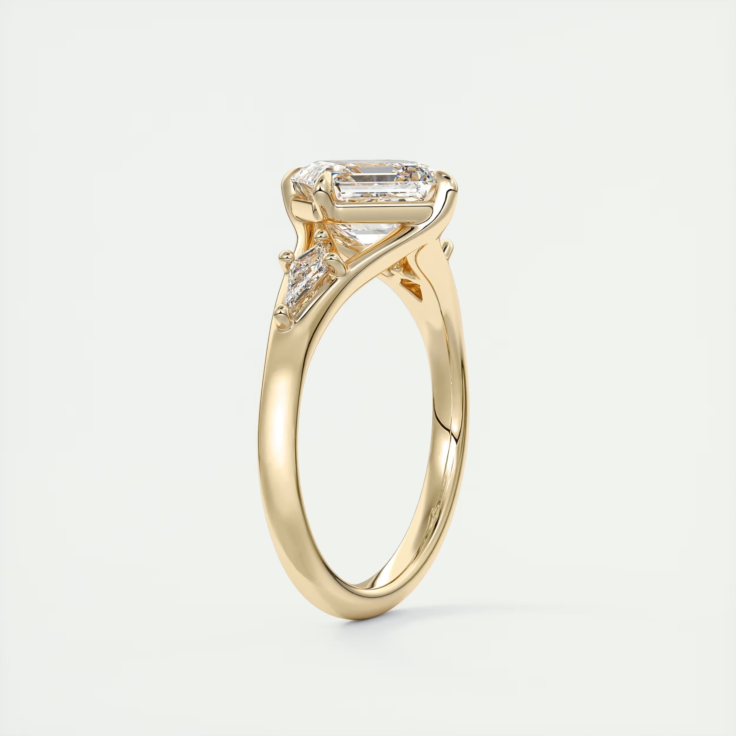 3.00 Ct The Symphony Asscher & Side Stone Kites Split Shank Three Stone Engagement Rings