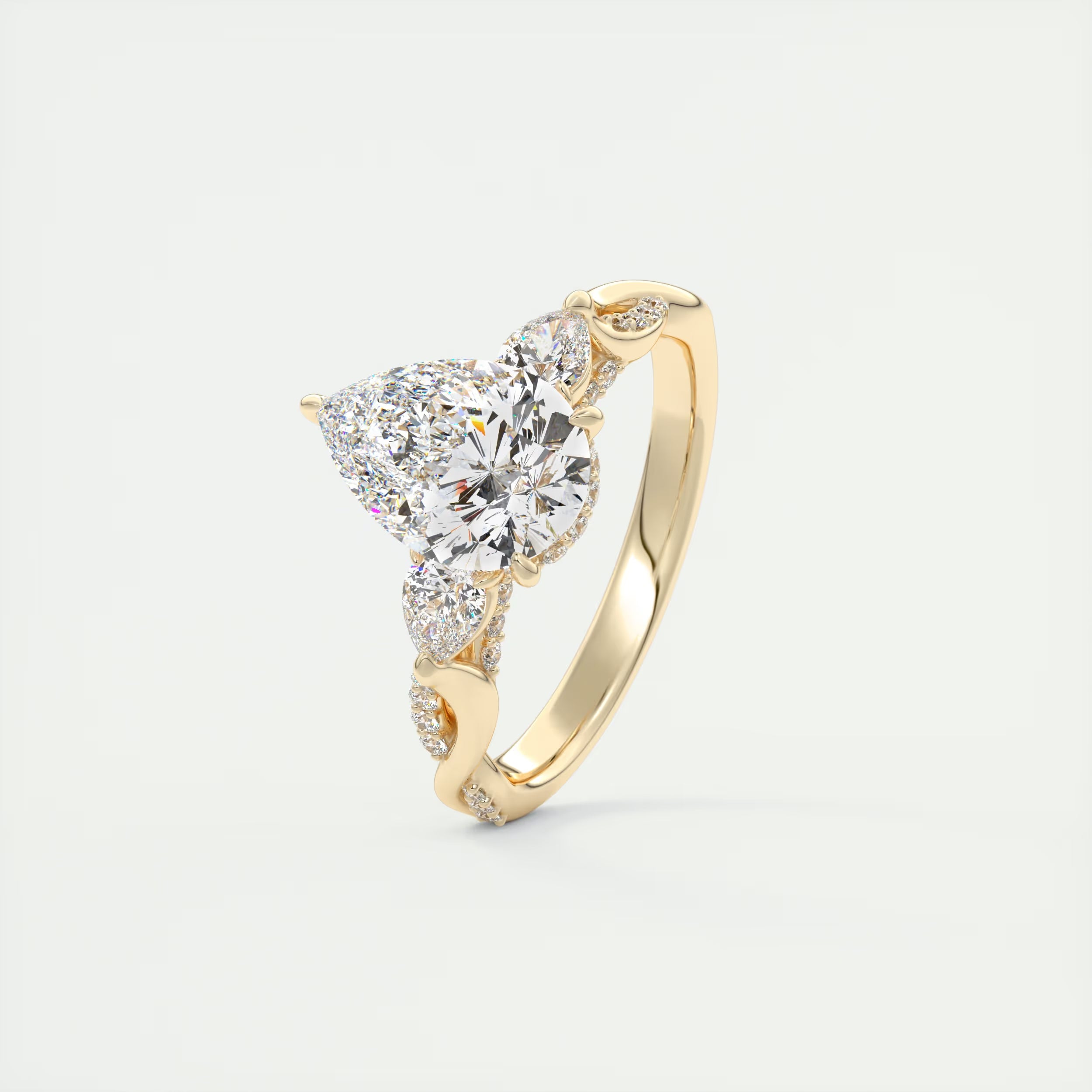2.75 Ct The Full Bloom Center Stone Pear & Side stone Round Solitaire Three Stone Engagement Rings