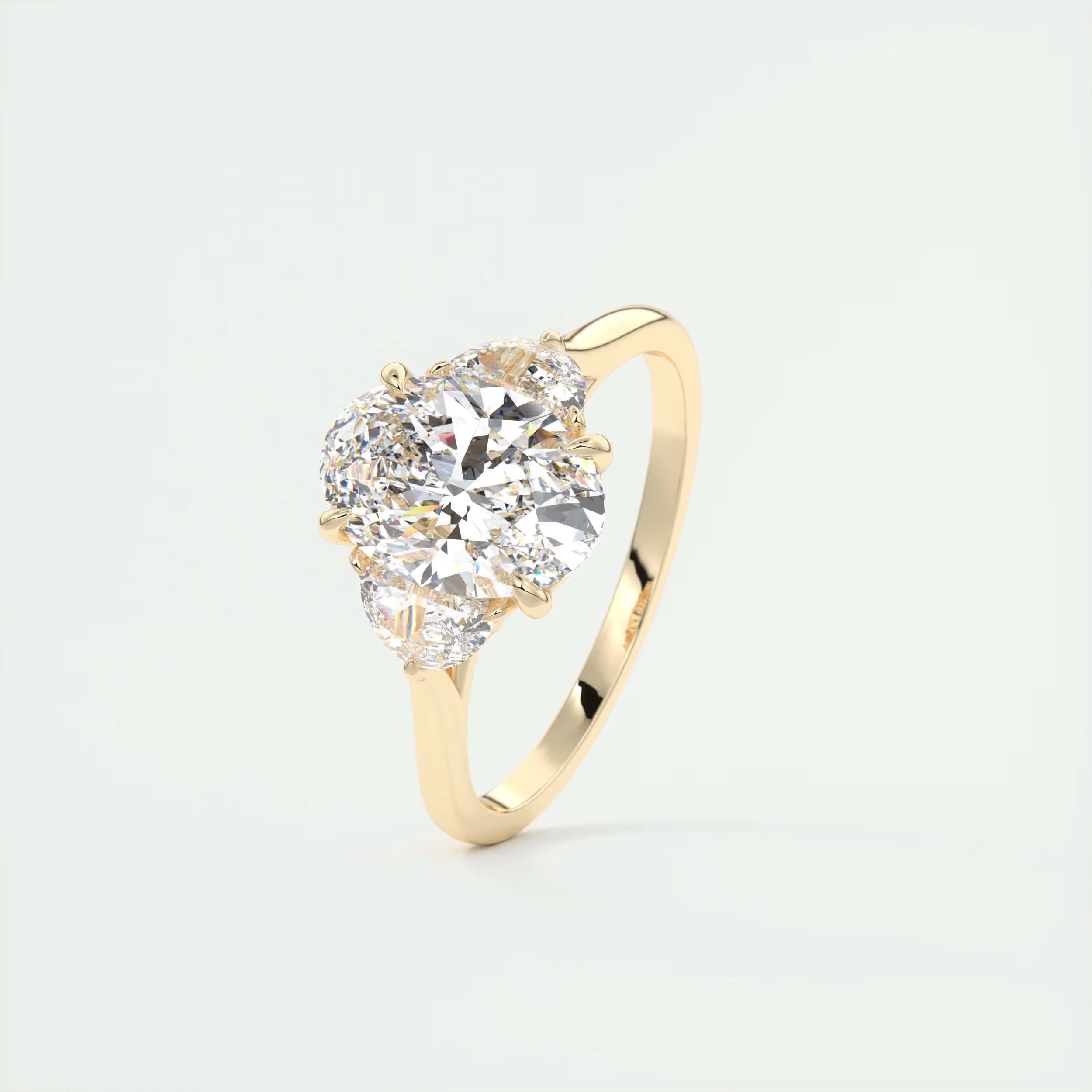 3.00 Ct The Center Stone Oval - Side Stone Half Moon Three Stone Engagement Rings