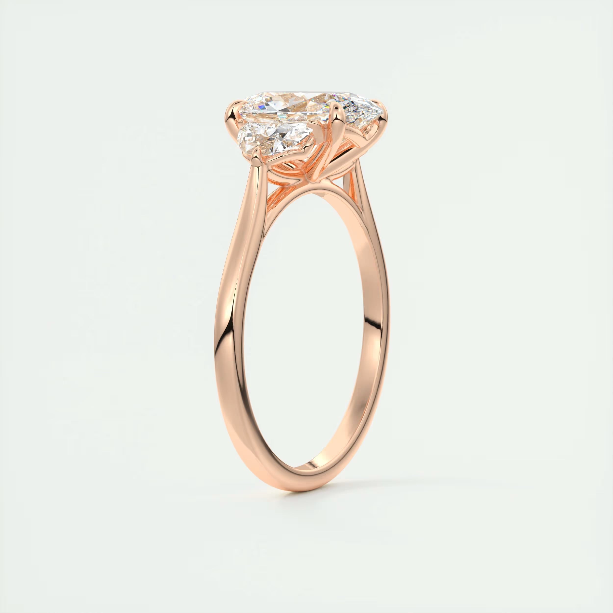 3.00 Ct The Center Stone Oval - Side Stone Half Moon Three Stone Engagement Rings