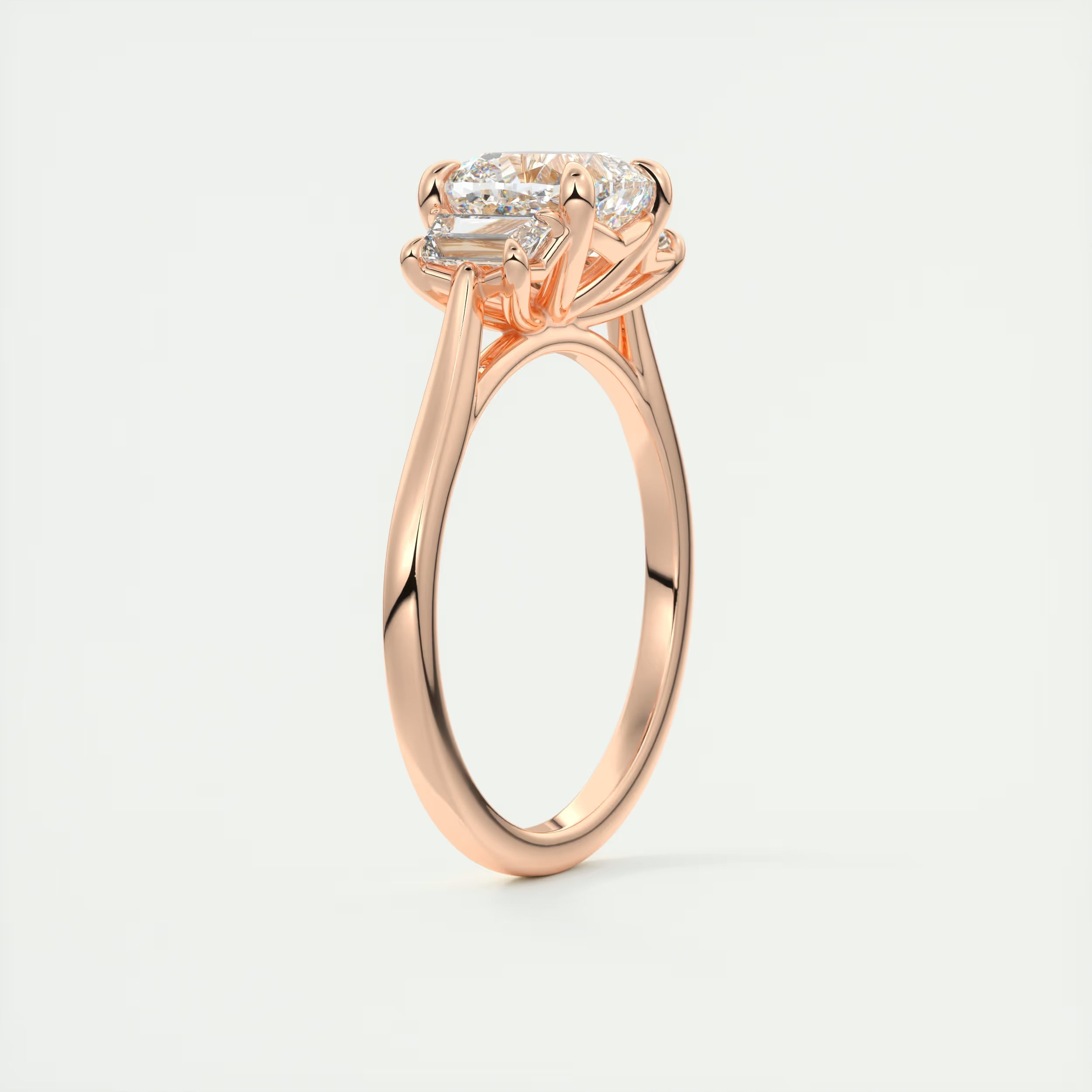 3.00 Ct Center Stone Cushion & Side Stone Trapezoid Three Stone Engagement Rings