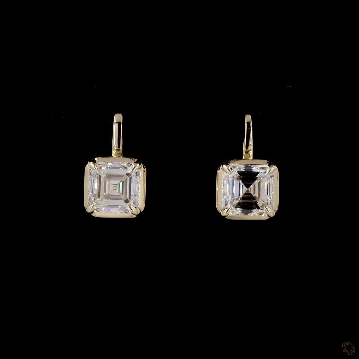 3.06 Ct Yellow Gold Asscher Cut Diamond Solitaire Leverback Drop Earrings