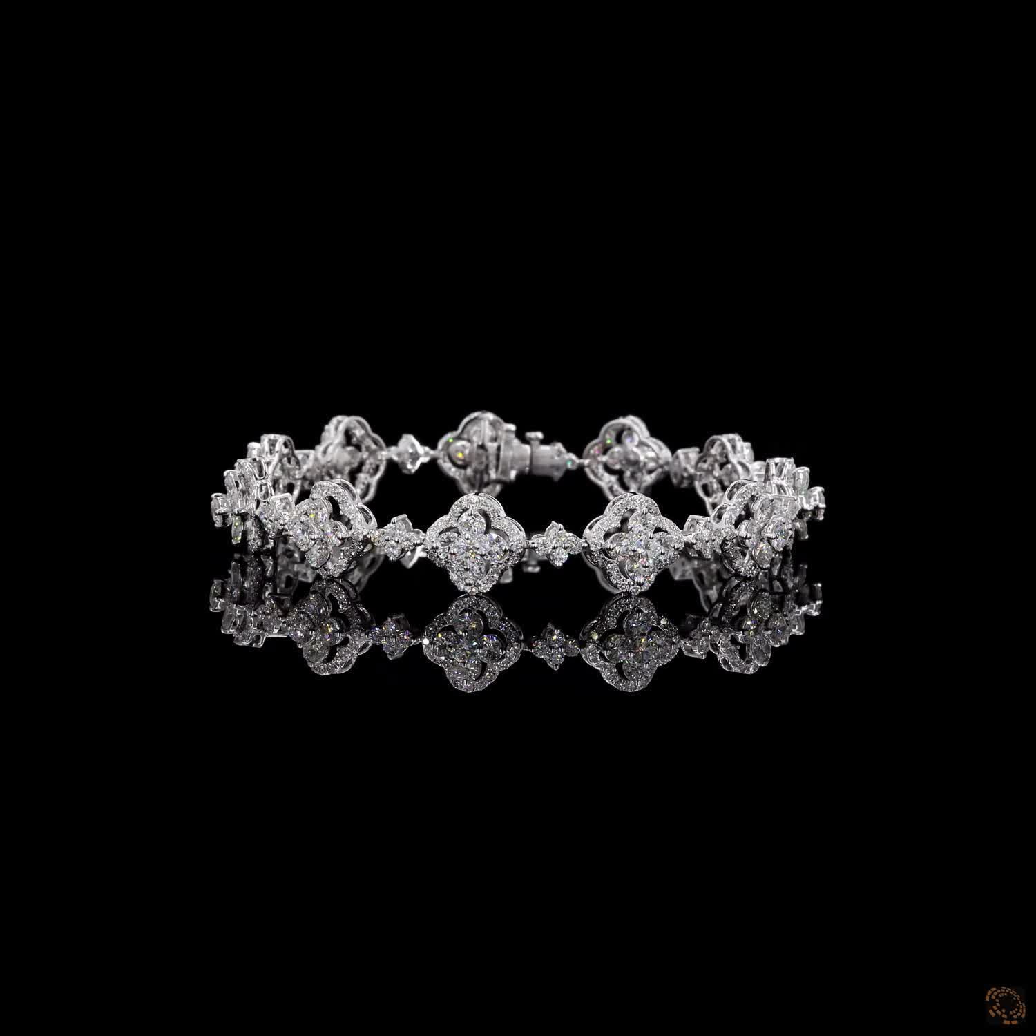6.40 Ct Floral Quatrefoi Cluster Fancy Bracelet in 14K White Gold | Clover Halo Motif Line Bracelet