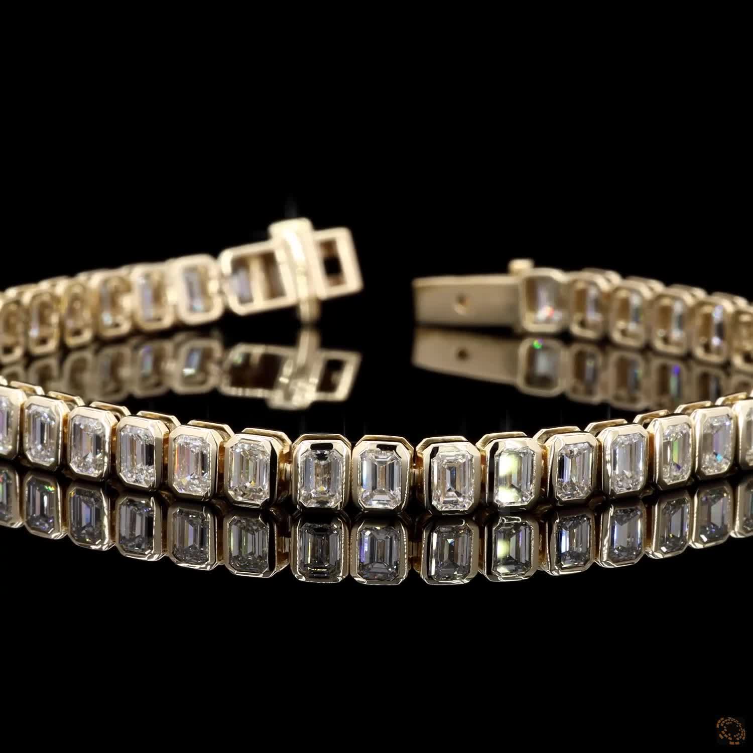10.90 Ct Emerald Cut Bezel Fancy Bracelet in 14K Yellow Gold | Full Bezel Vertical Step Cut Line Bracelet