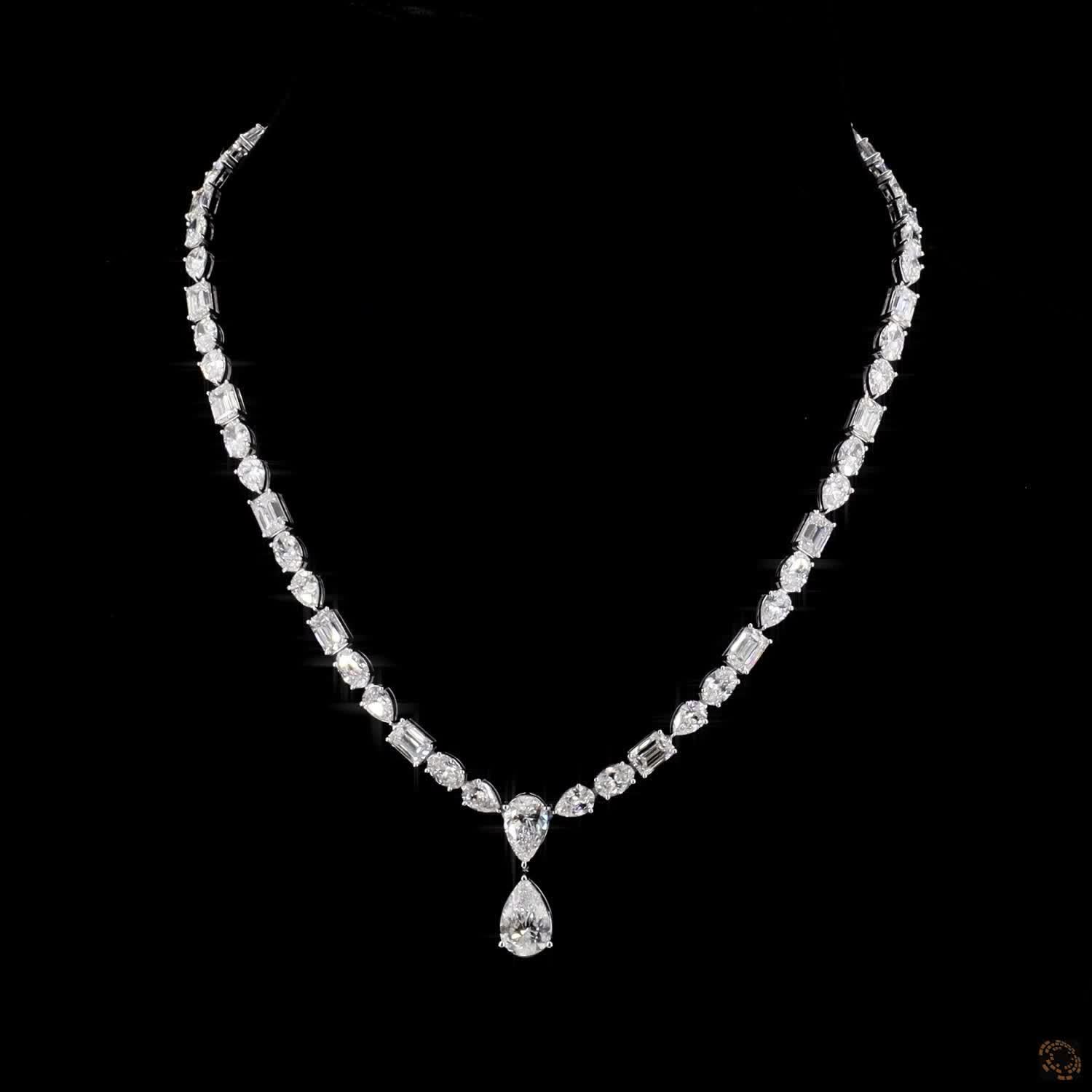 31.86 Ct Multi-Shape Diamond Tennis Necklace with Pear Drop | Mixed Cut Fancy Diamond Riviera Necklace in White Gold