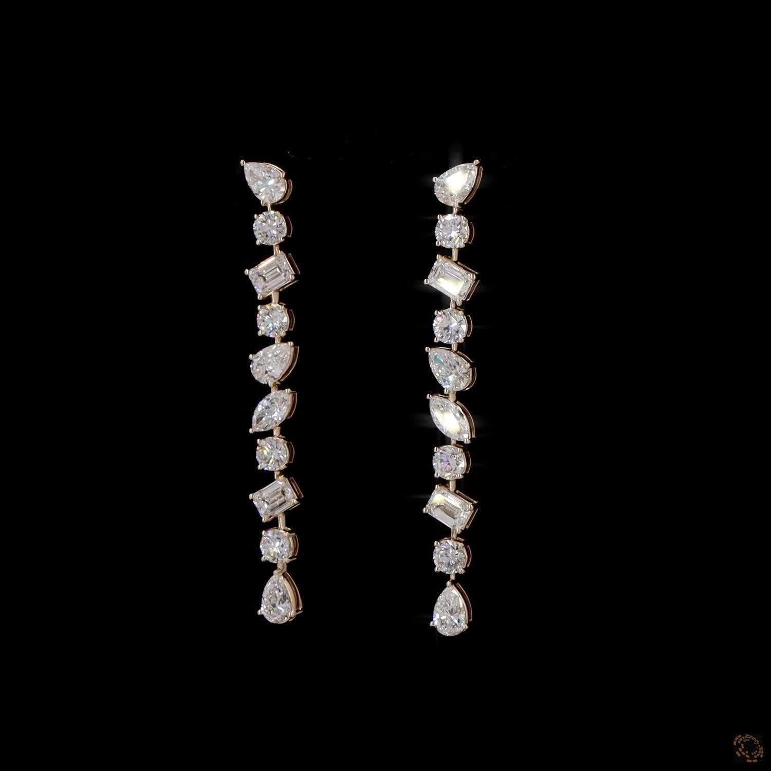 4.62 Ct 14K Gold Multi-Cut Diamond Drop Earrings – Emerald, Pear, Marquise & Round Linear Statement Earrings