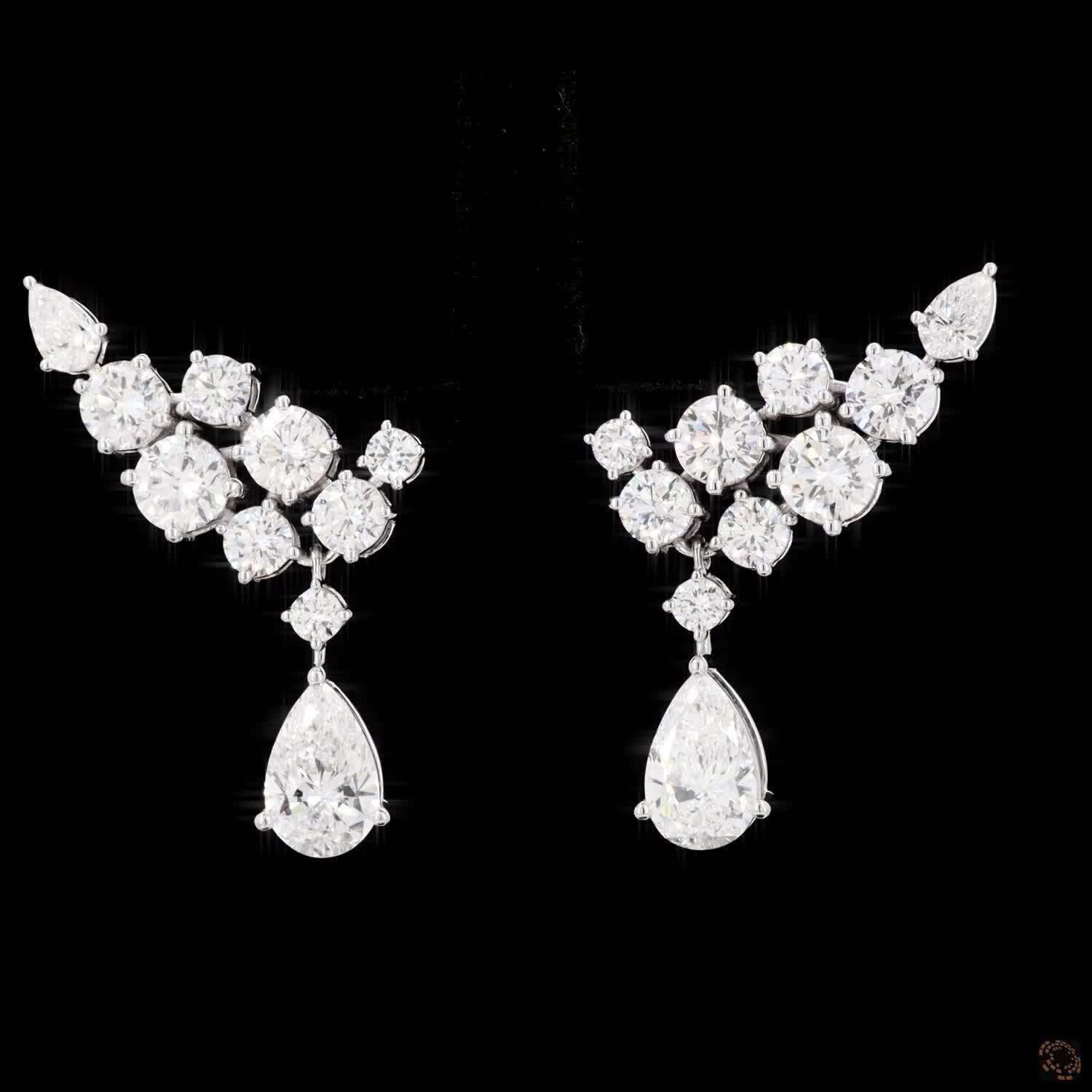 8.07 Pear and Round Diamond Winged Cluster Drop Earrings