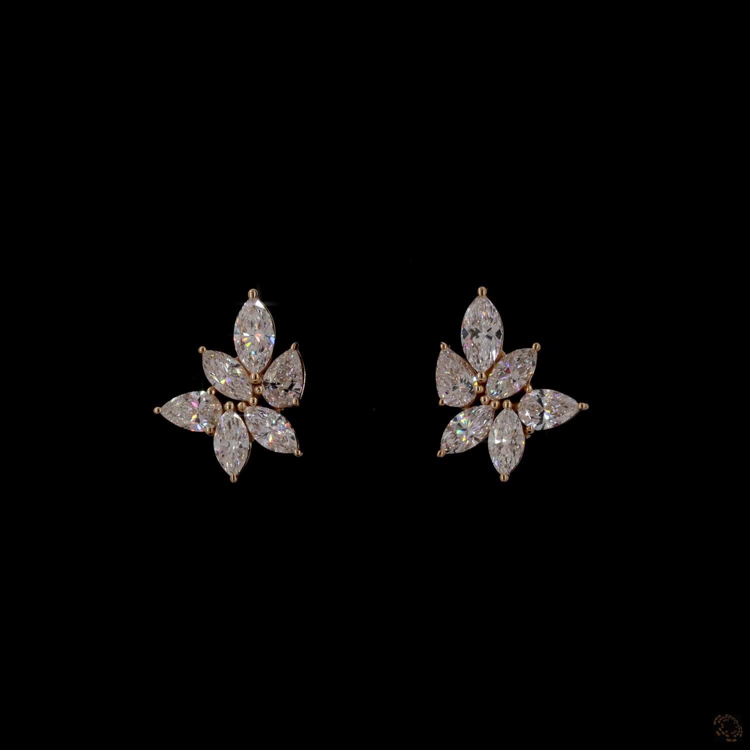 2.93 Ct Marquise Cut  Cluster Stud Earrings in 14K Yellow Gold | Floral Leaf Cluster Earring