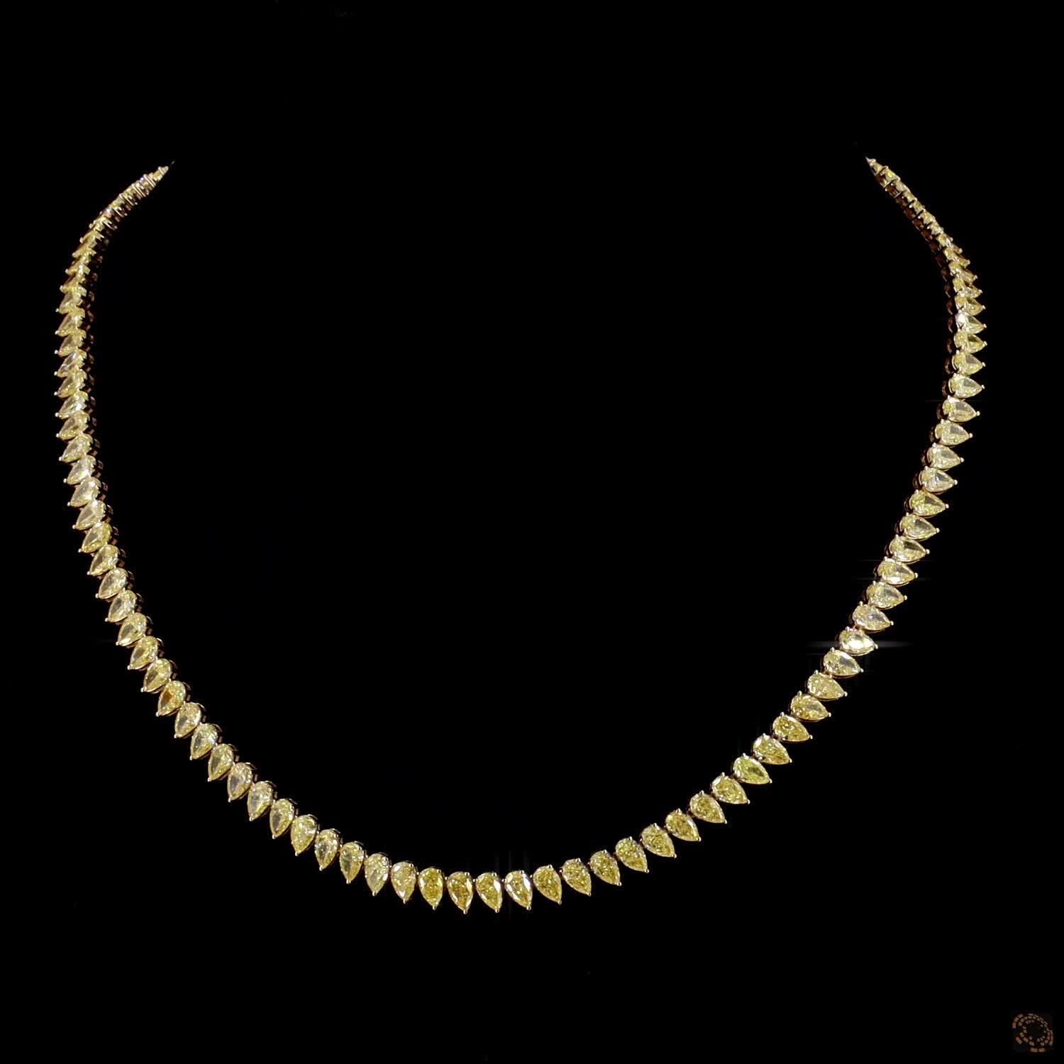 24.17 Ct Fancy Yellow Pear Cut Diamond Riviera Necklace in Yellow Gold