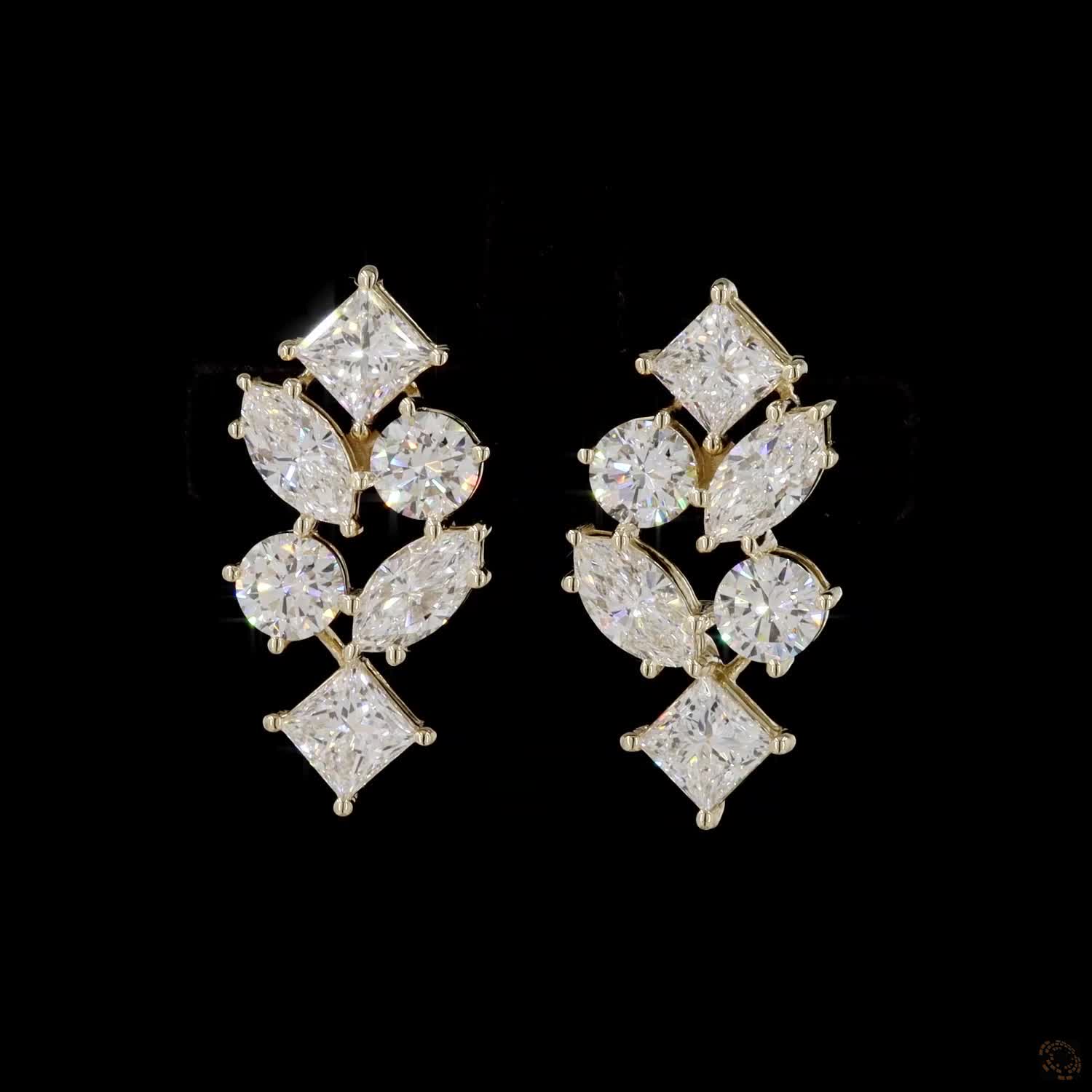 5.62 Ct Yellow Gold Multi-Cut Earrings, Geometric Cluster Ear Climbers, Unique Bridal & Evening Fine Jewelry