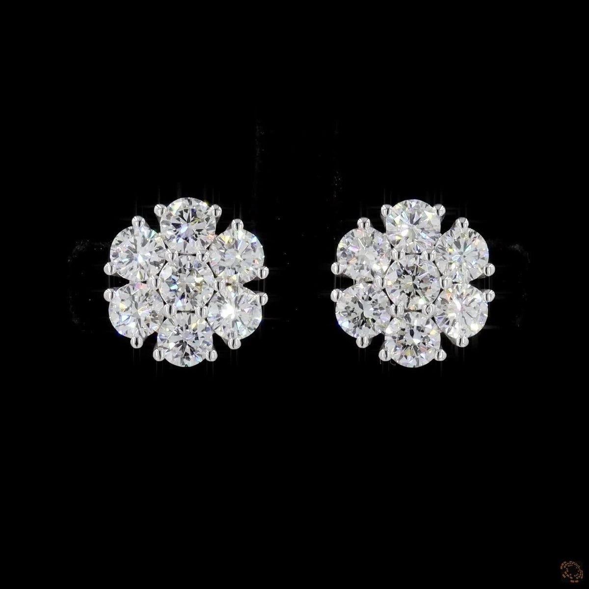3.19 Ct Round Diamond Floral Cluster Stud Earrings in 14K White Gold | 7-Stone Flower Solitaire Look Studs