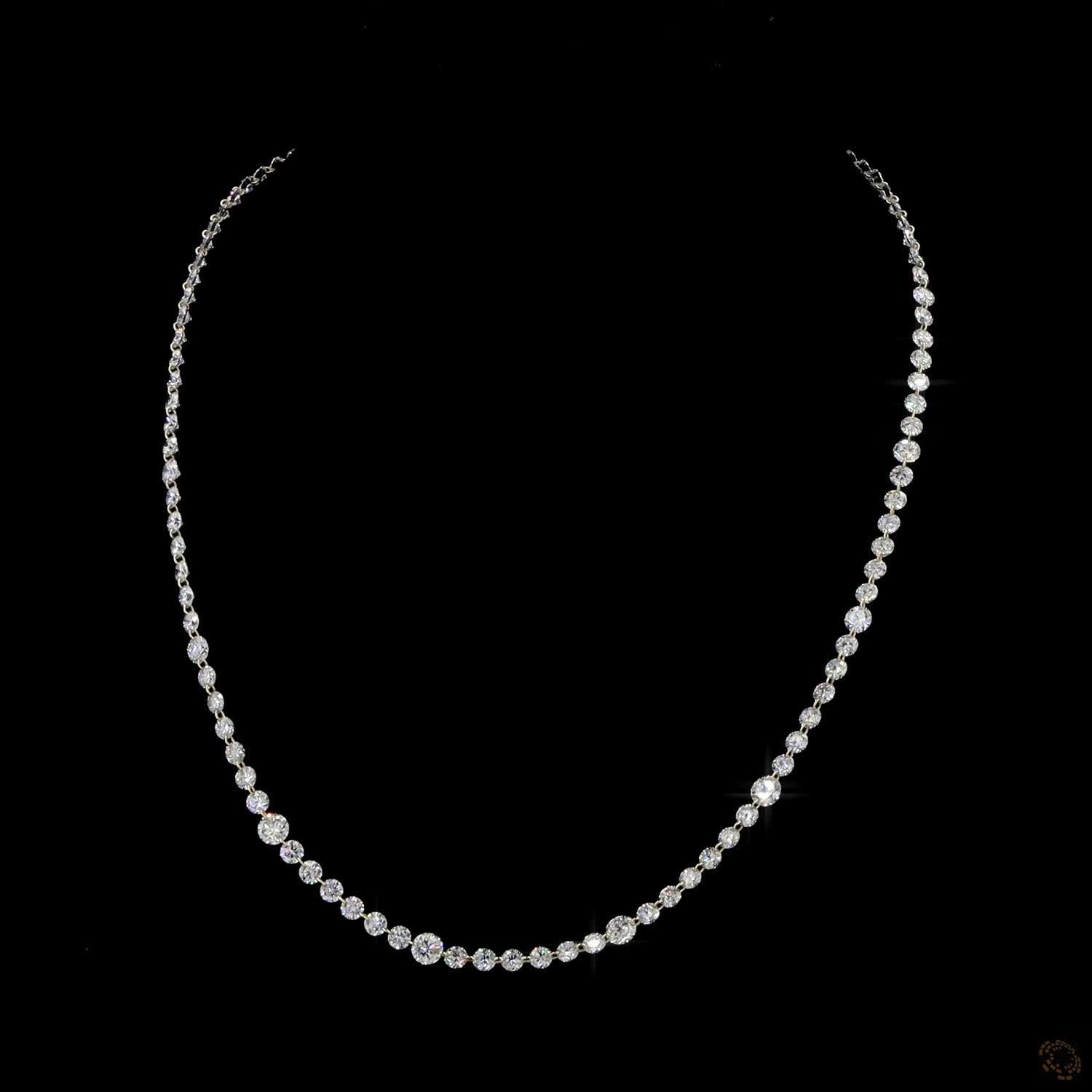 22.87 Ct graduated diamond tennis necklace, round brilliant diamond Riviera necklace, classic diamond choker, floating diamond strand, yellow gold prong-set diamond necklace