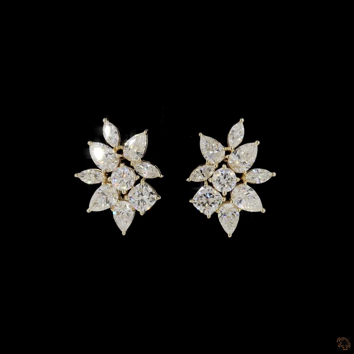 8.37 Ct Mixed Cut Diamond Floral Cluster Earrings in Yellow Gold
