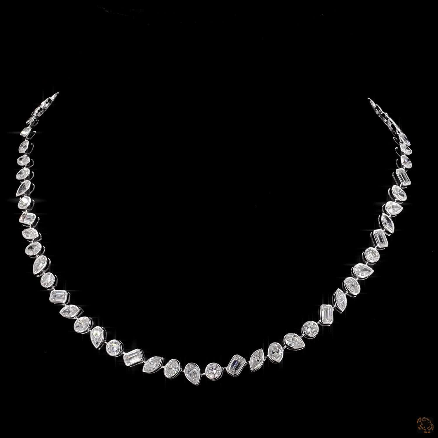 17.19 Ct White Gold Bezel Set Fancy Shape Diamond Mosaic Tennis Necklace