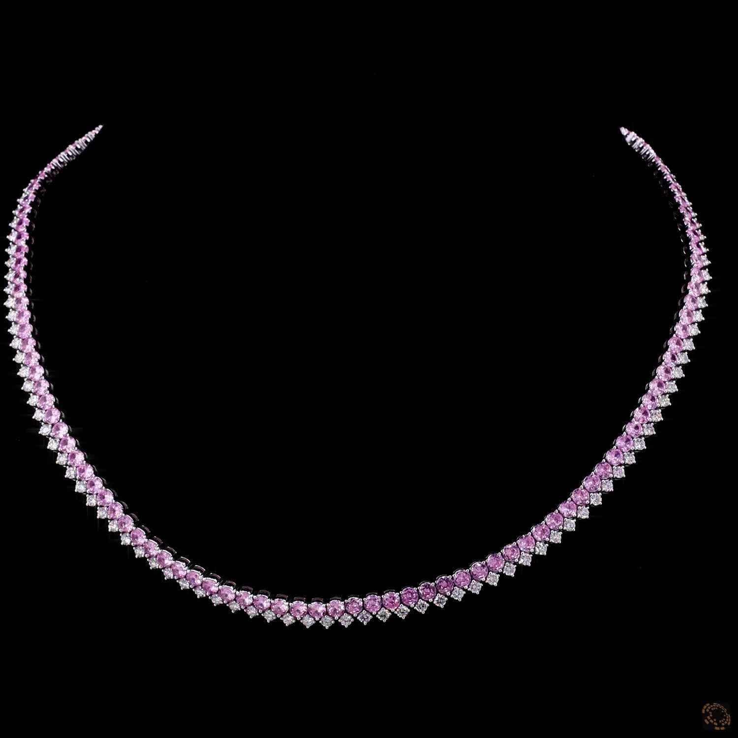 27.46 Ct Pink Sapphire and Diamond Two-Row Fringe Graduated Tennis Necklace in White Gold