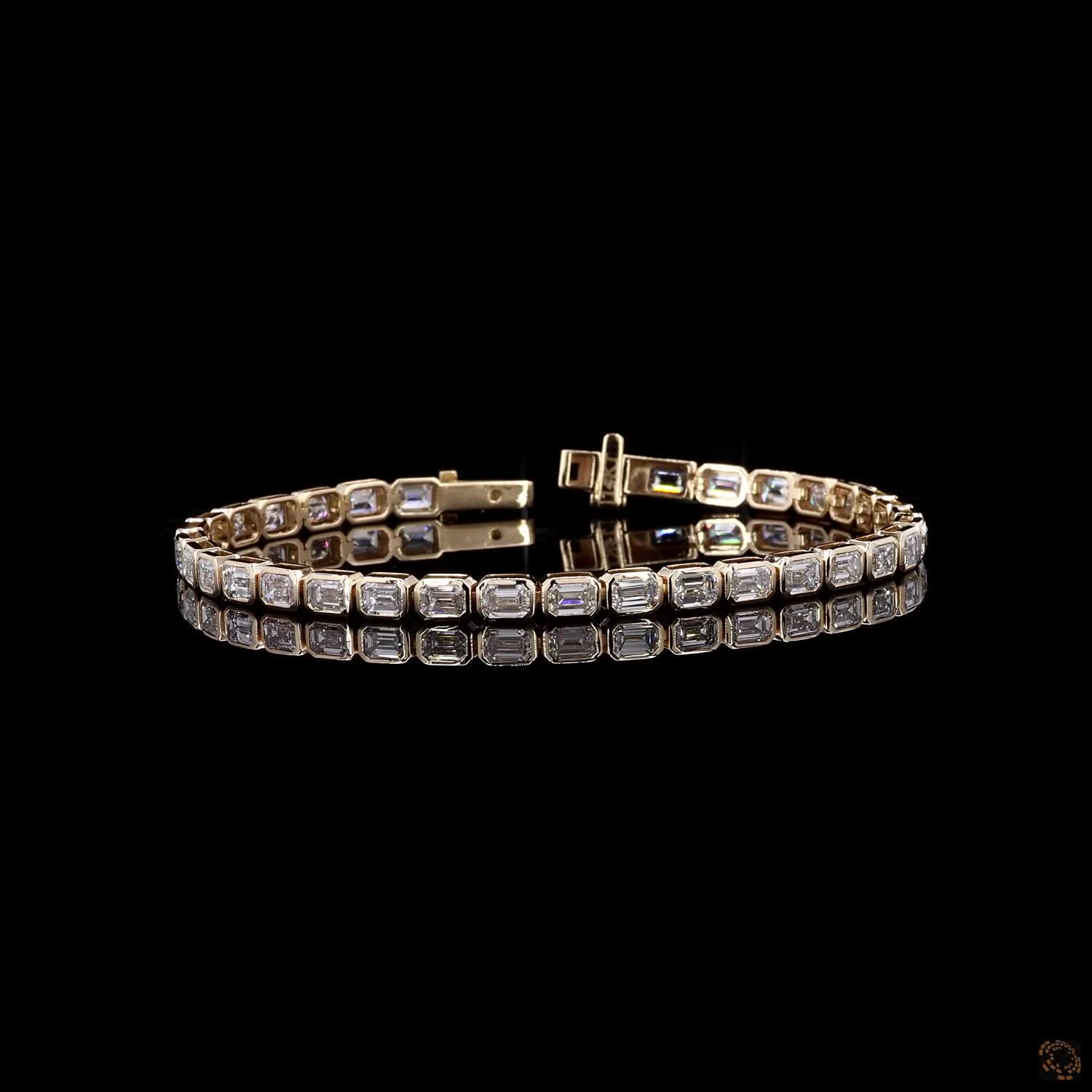 8.71 Ct East-West Emerald Cut Bezel SeTennis  Bracelet in 14K Yellow Gold | Bezel Step Cut Eternity Line Bracelet