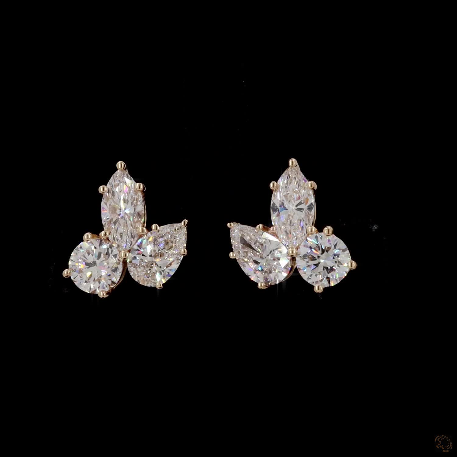 2.99 Ct Multi-Shape Cluster Stud Earrings in 14K Yellow Gold | Marquise, Pear & Round Mix Statement Earrings