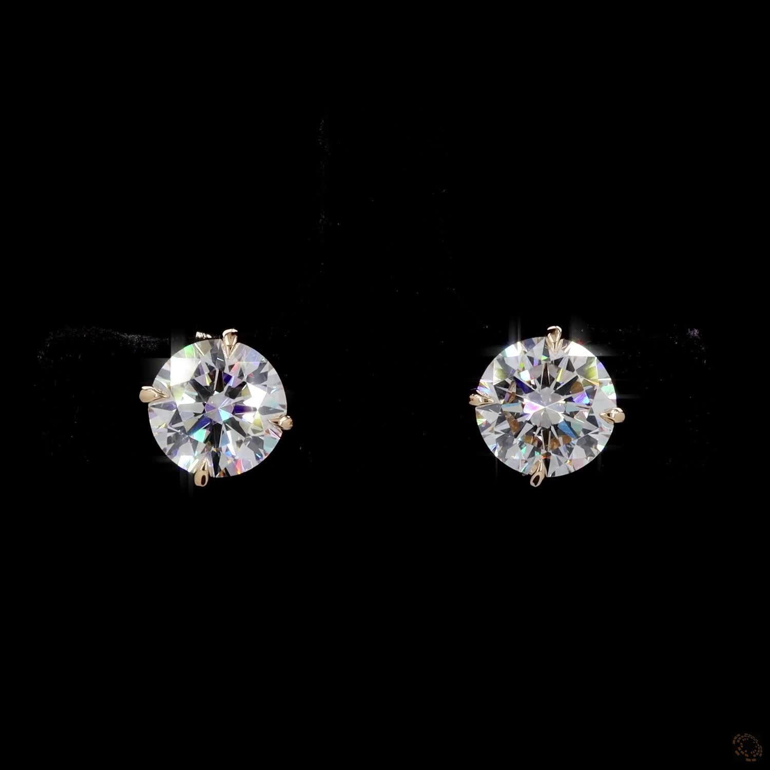 2.08 Ct Solid 14K Yellow Gold Round Brilliant Diamond Stud Earrings – 3-Prong Martini Solitaire Studs