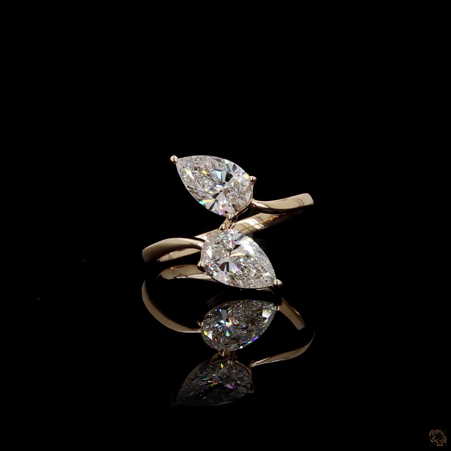 2.11 Ct Dual Pear Cut Diamond Bypass Toi et Moi Ring | Modern Yellow Gold Two-Stone Diamond Band