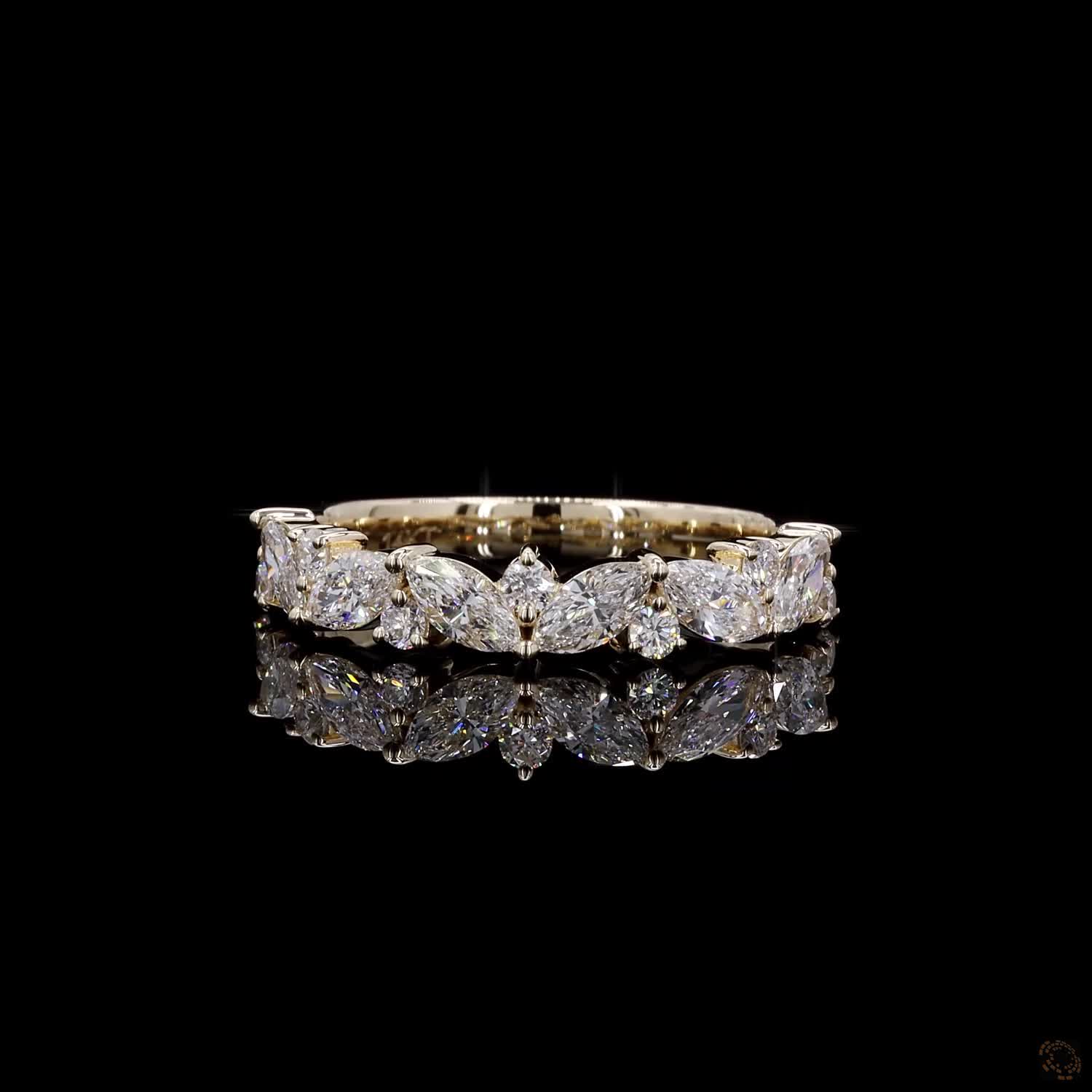 0.86 Ct 14K Yellow Gold Marquise & Round Diamond Vine Band | Leaf Cluster Wedding Ring