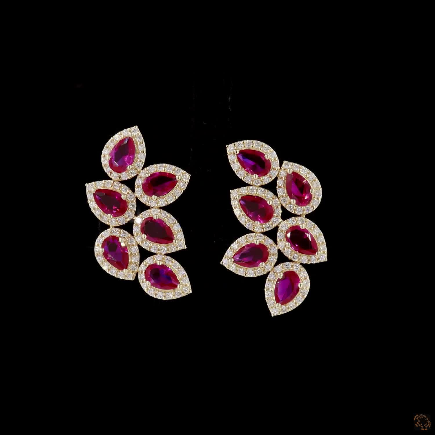 0.95  Ct Pear Cut Ruby & Diamond Halo Ear Climbers | Gold Leaf Cluster Earrings