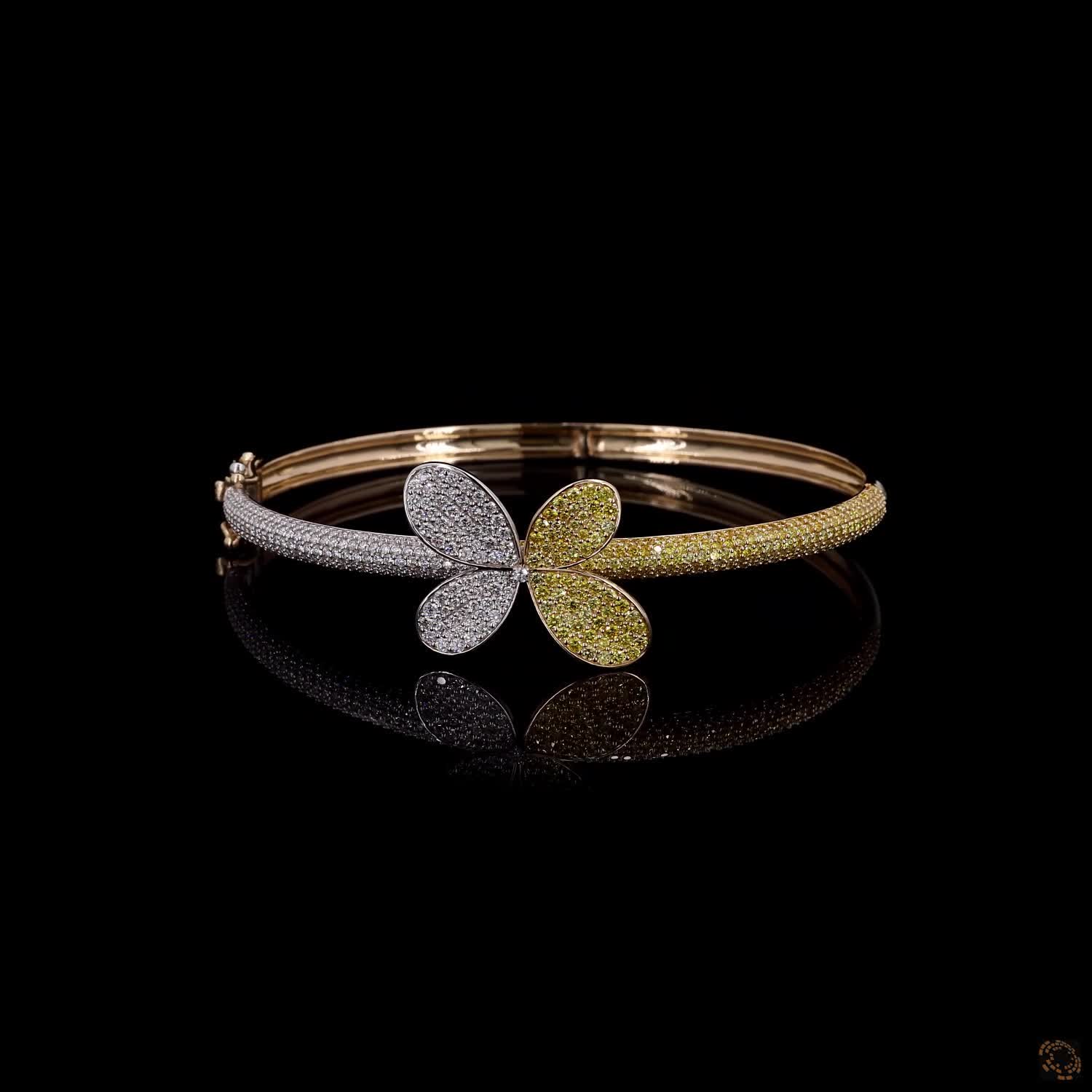 4.86 Ct Two-Tone Diamond Butterfly Bangle Bracelet – 14K Gold Pavé Diamond & Yellow Floral Cuff Jewelry