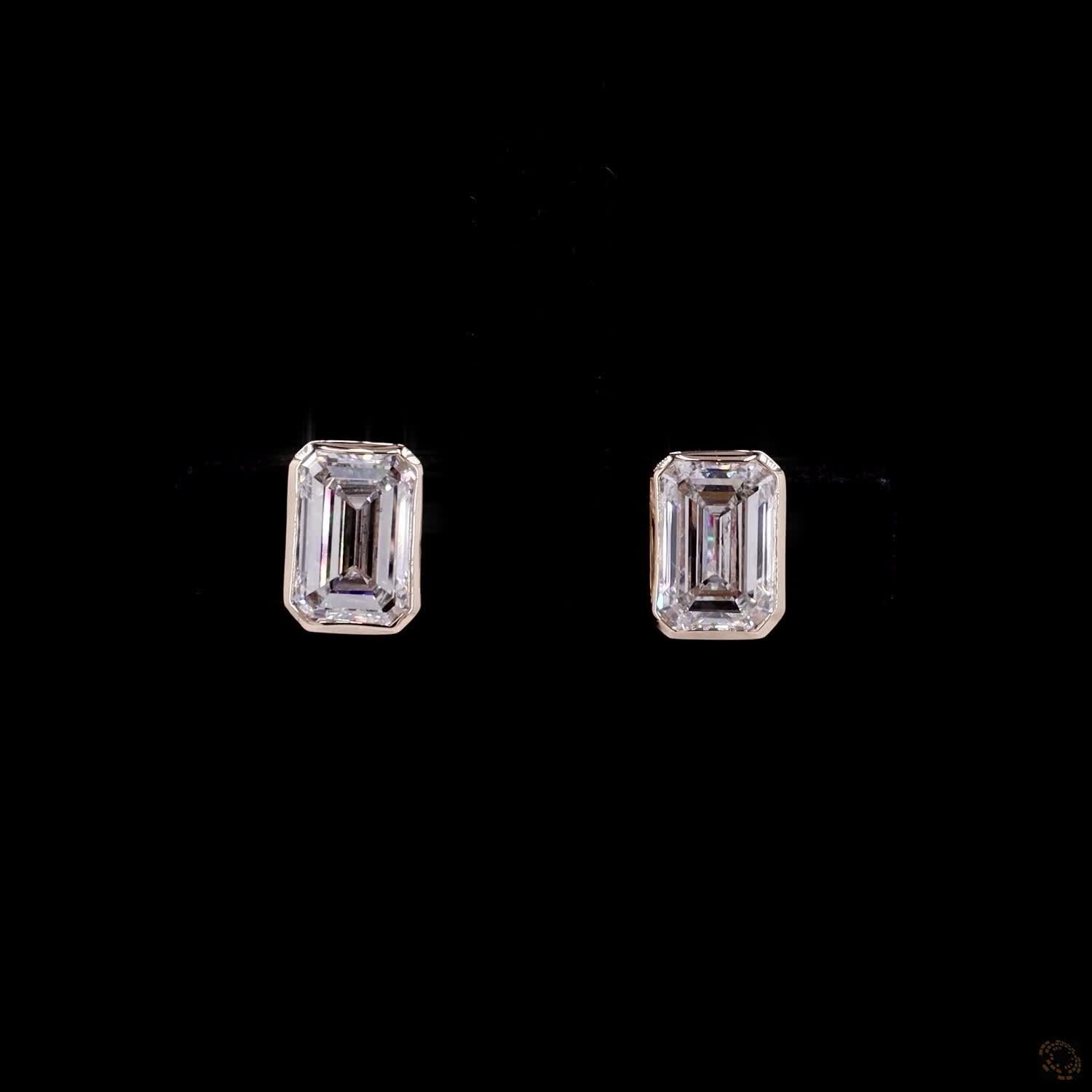 3.15 Ct  Yellow  Gold Emerald Cut Solitaire Bezel Set Stud Earrings
