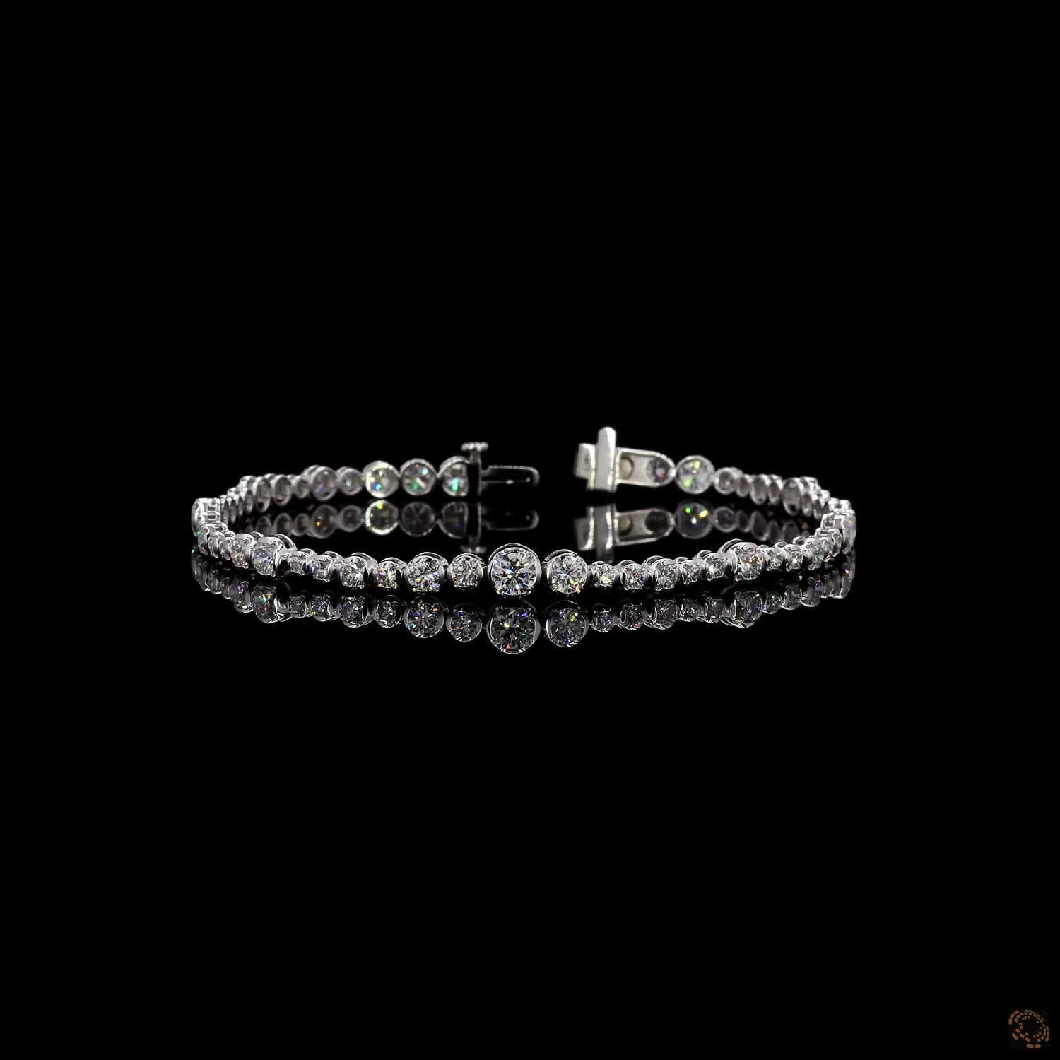 6.33 Ct 4K White Gold Graduated Round Cut Moissanite Bezel Fancy Bracelet with Double Latch Box Clasp