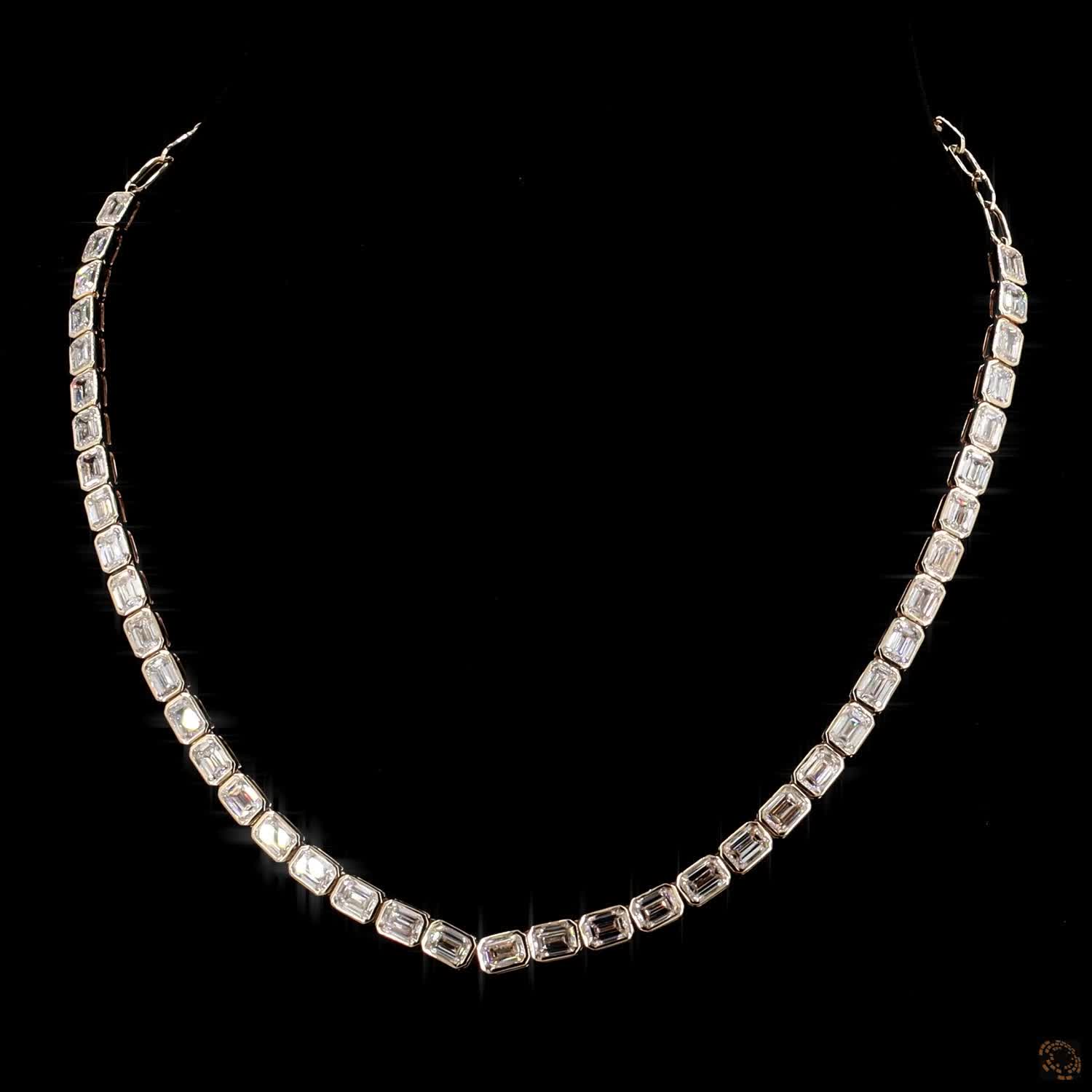 16.11 Ct Bezel Set Emerald Cut Lab Grown Diamond Tennis Necklace | Minimalist Luxury Jewelry