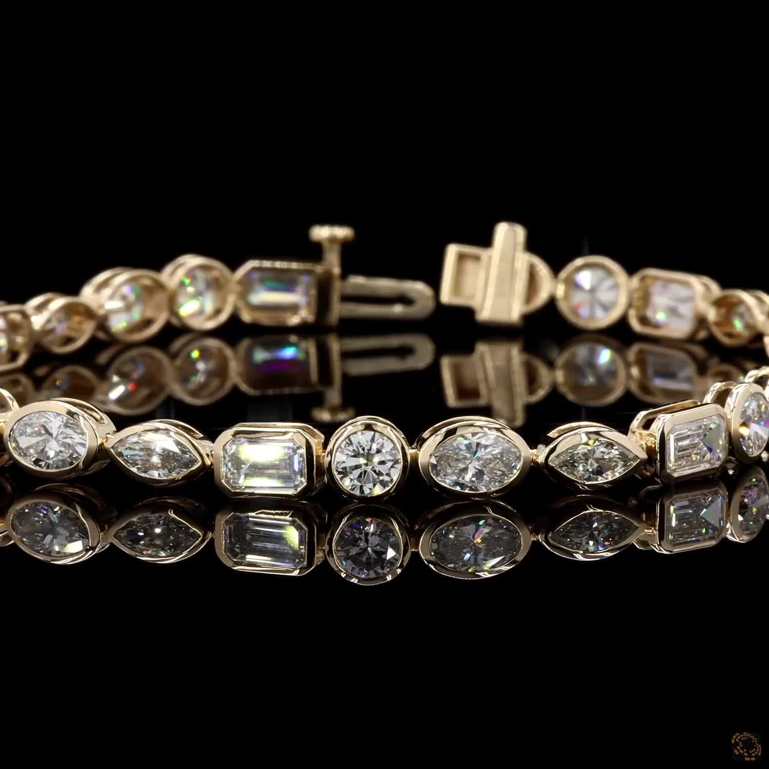 9.27 Ct 14K Yellow Gold Multi-Shape Cut Bezel Fancy Bracelet with Double Latch Box Clasp