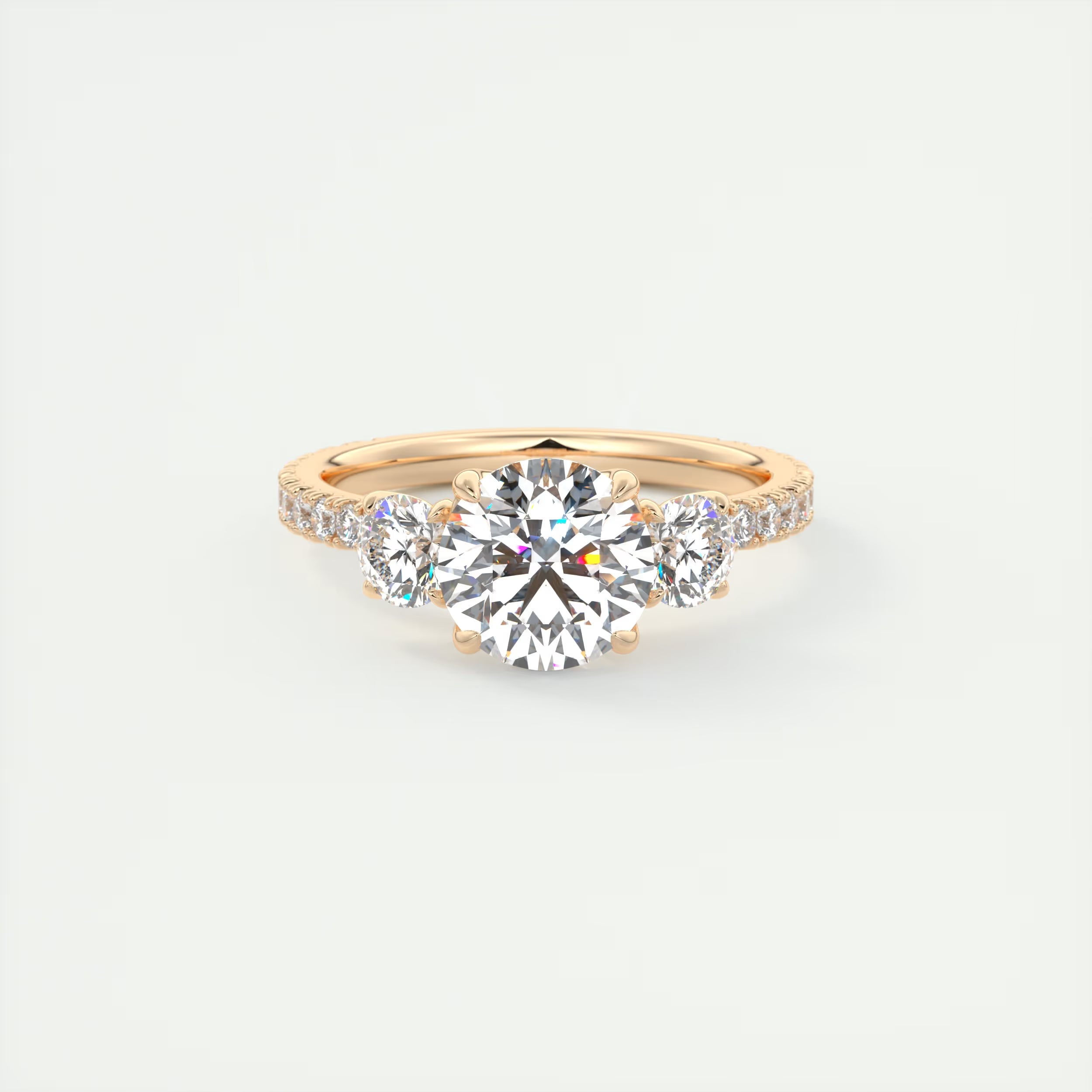 2.15 Ct Royale Three Stone Round -Floral French Set Pavé Engagement Rings