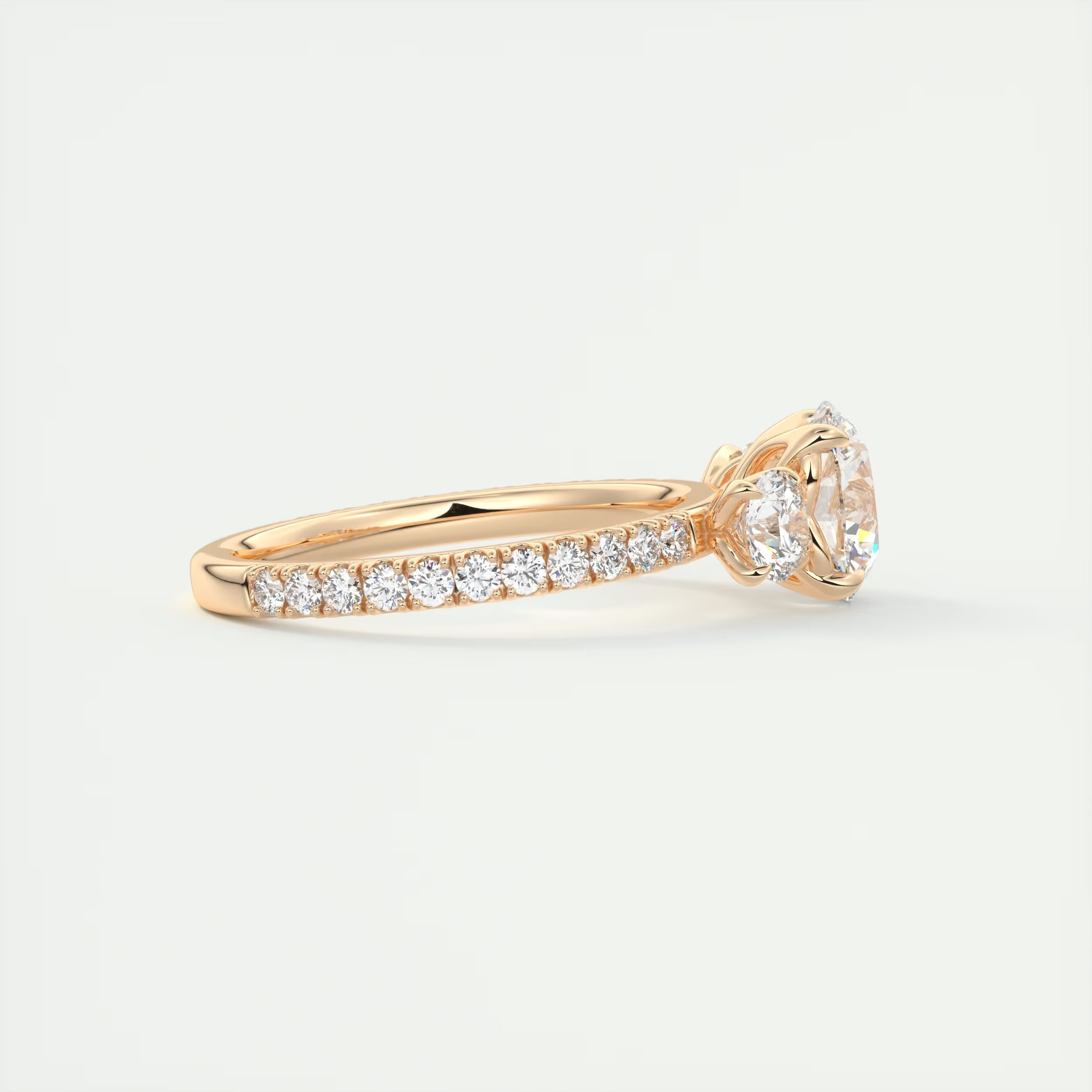 2.15 Ct Royale Three Stone Round -Floral French Set Pavé Engagement Rings