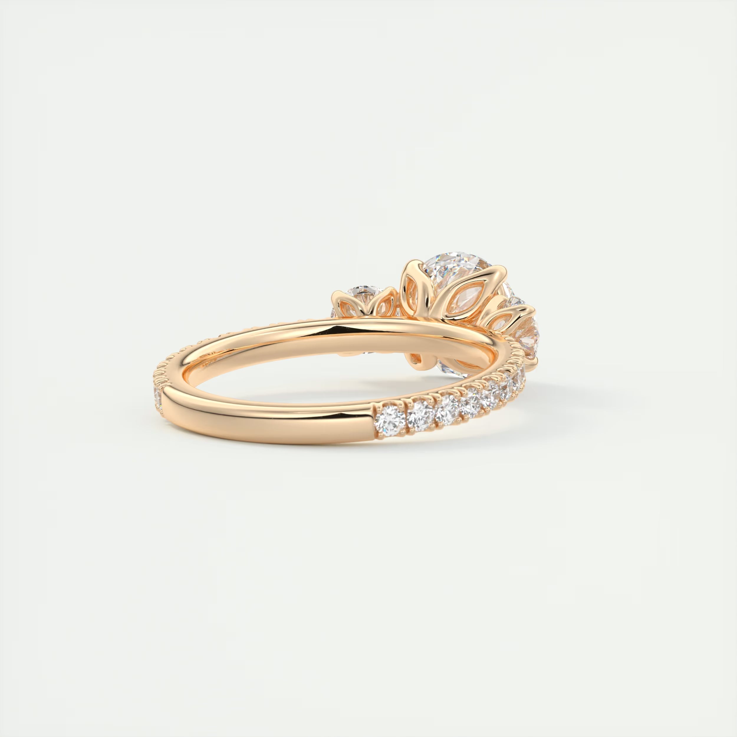 2.15 Ct Royale Three Stone Round -Floral French Set Pavé Engagement Rings