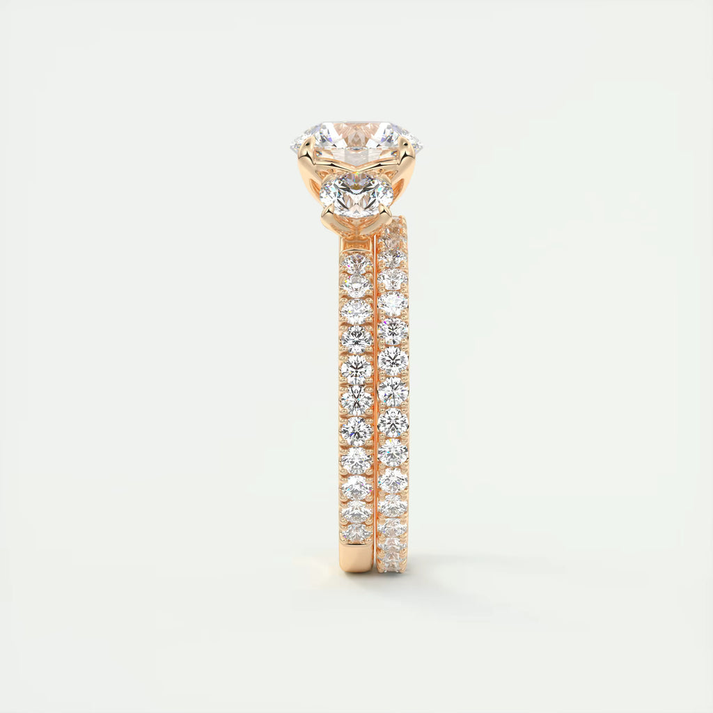 2.50 Ct Round Solitaire Ring Three Stone Ring with 3/4 French Set Pave Engagement Rings