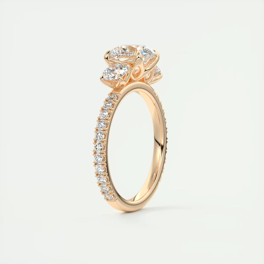 2.50 Ct Round Solitaire Ring Three Stone Ring with 3/4 French Set Pave Engagement Rings