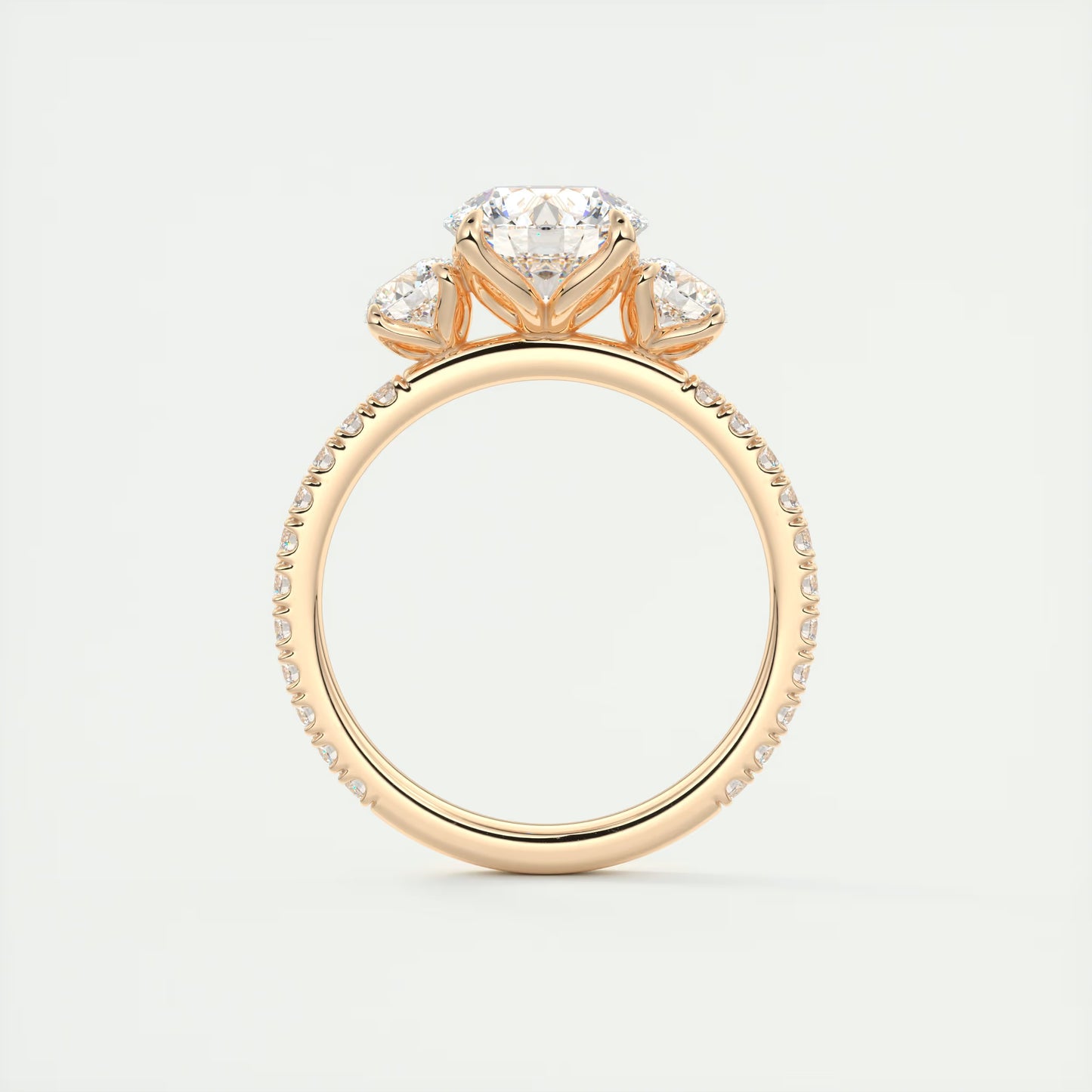 2.15 Ct Royale Three Stone Round -Floral French Set Pavé Engagement Rings
