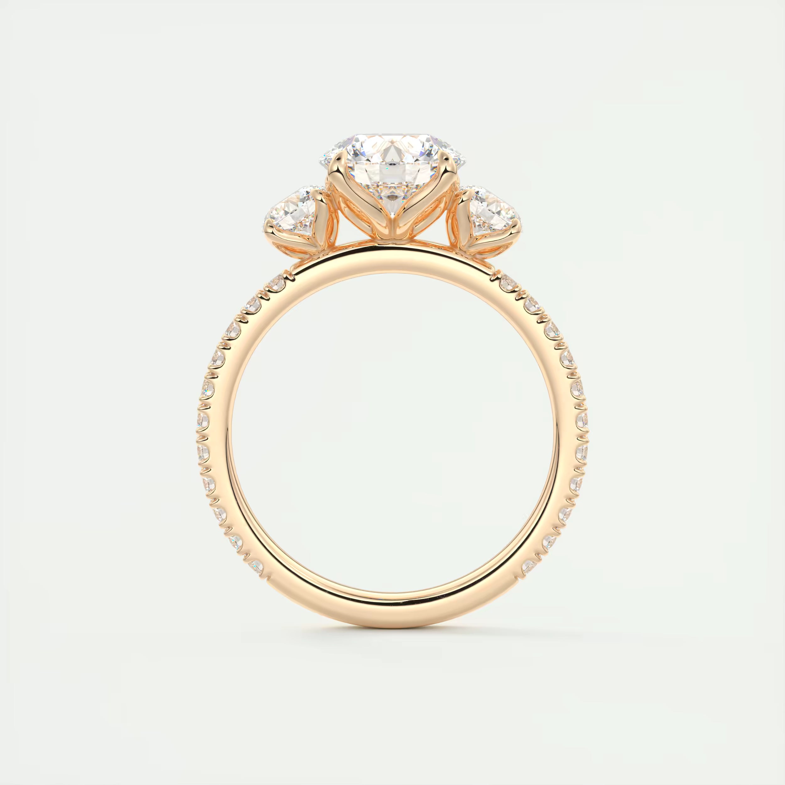 2.50 Ct Round Solitaire Ring Three Stone Ring with 3/4 French Set Pave Engagement Rings