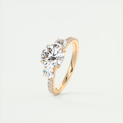 2.15 Ct Royale Three Stone Round -Floral French Set Pavé Engagement Rings