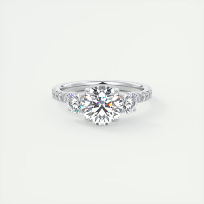 2.15 Ct Royale Three Stone Round -Floral French Set Pavé Engagement Rings
