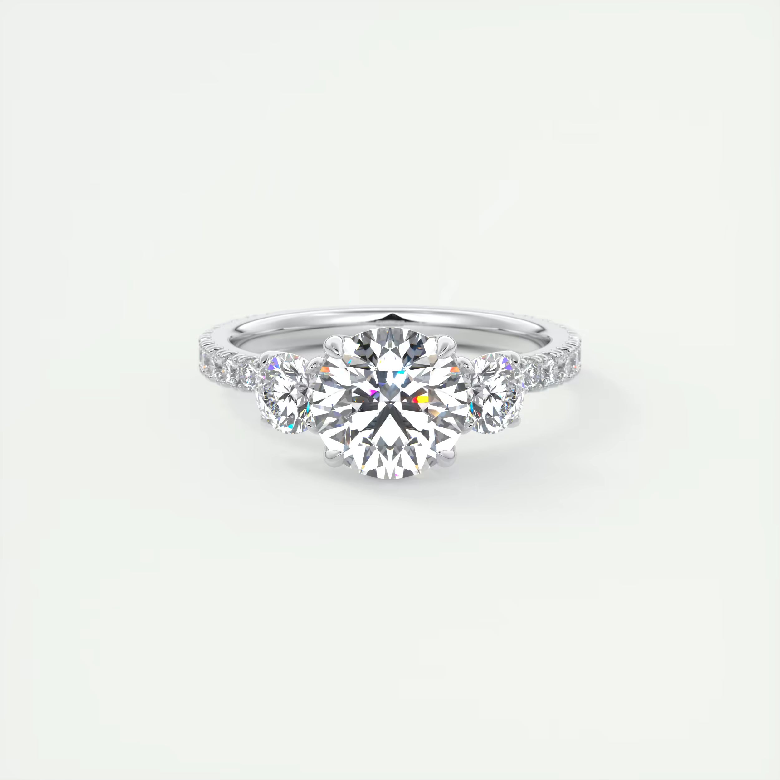 2.50 Ct Round Solitaire Ring Three Stone Ring with 3/4 French Set Pave Engagement Rings