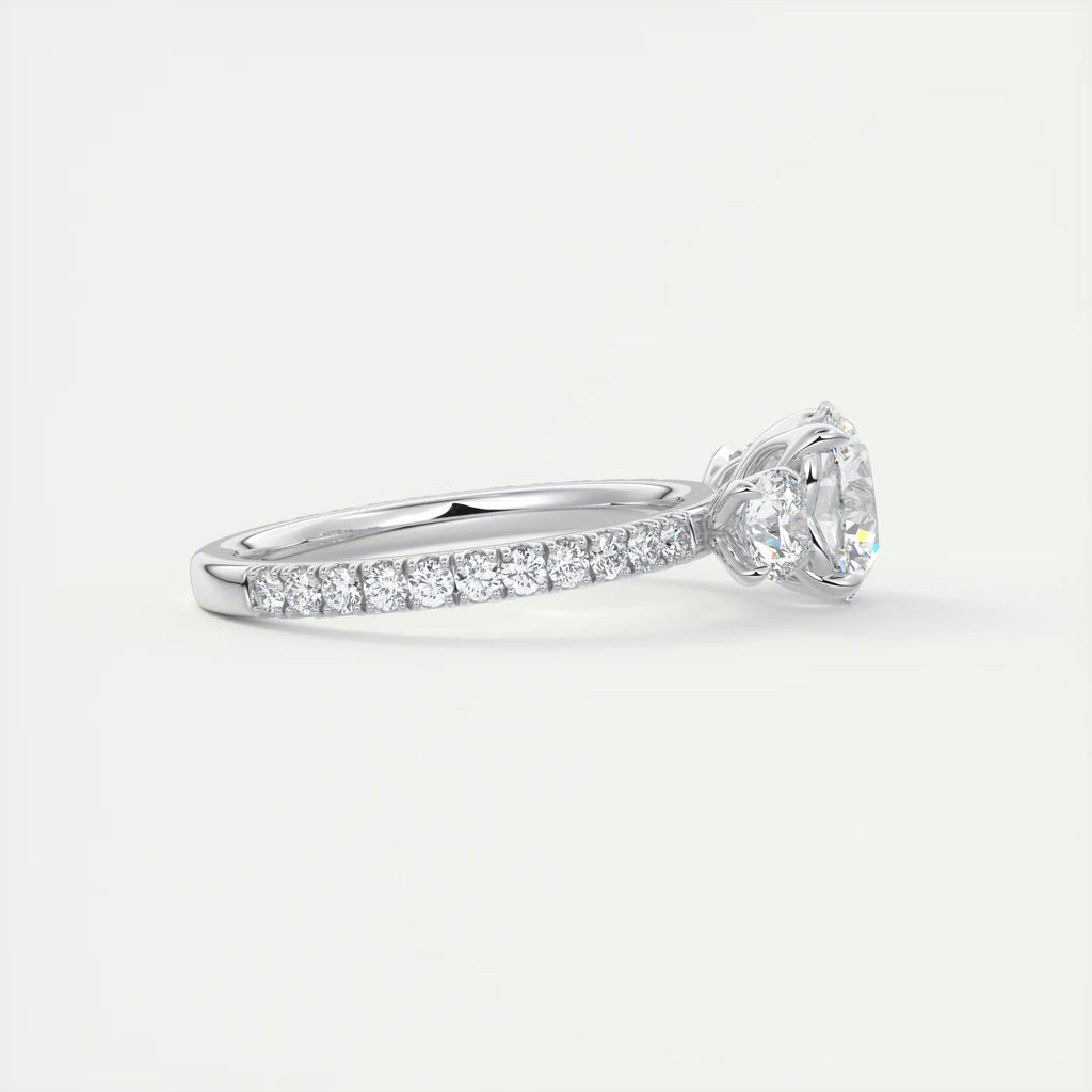 2.15 Ct Royale Three Stone Round -Floral French Set Pavé Engagement Rings