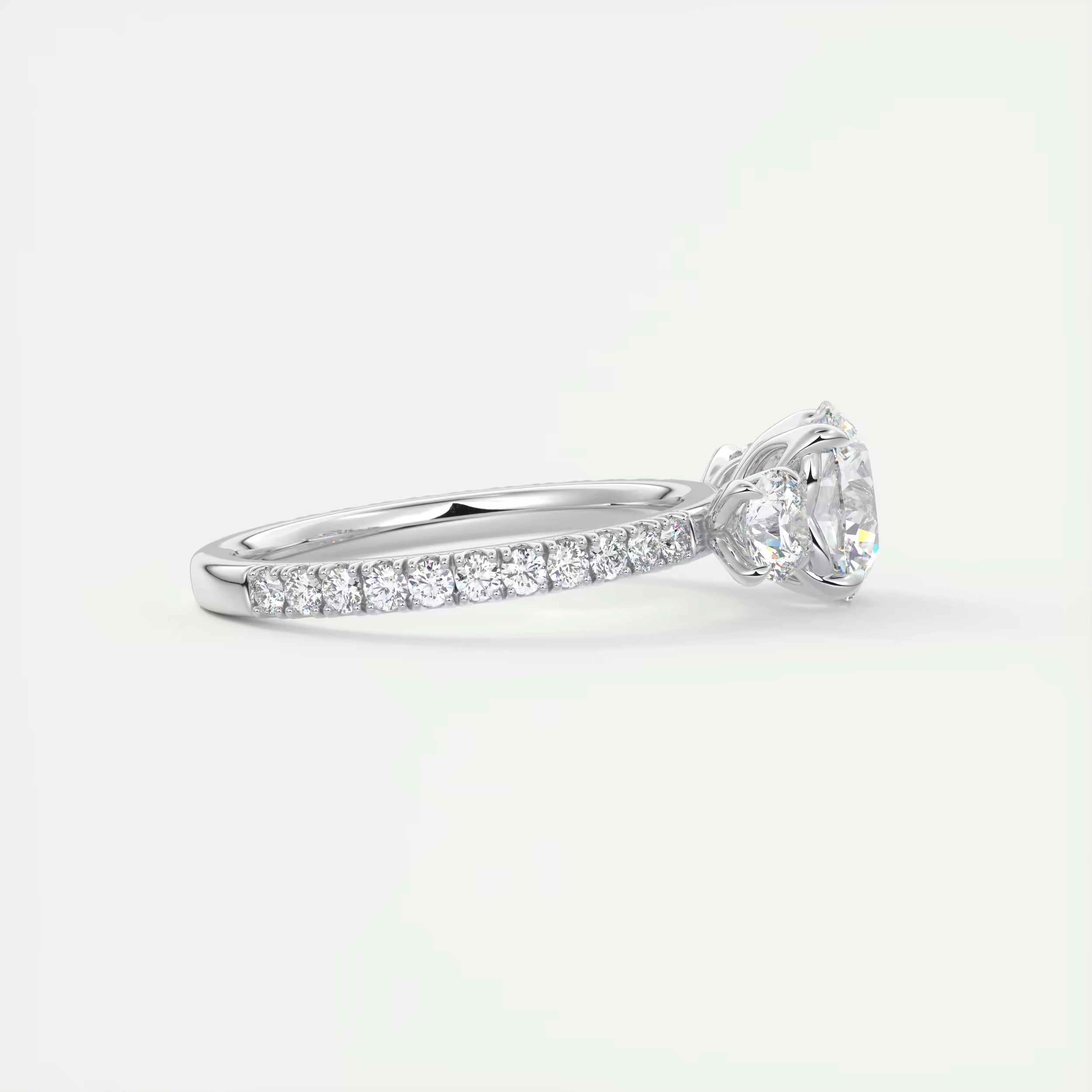 2.50 Ct Round Solitaire Ring Three Stone Ring with 3/4 French Set Pave Engagement Rings