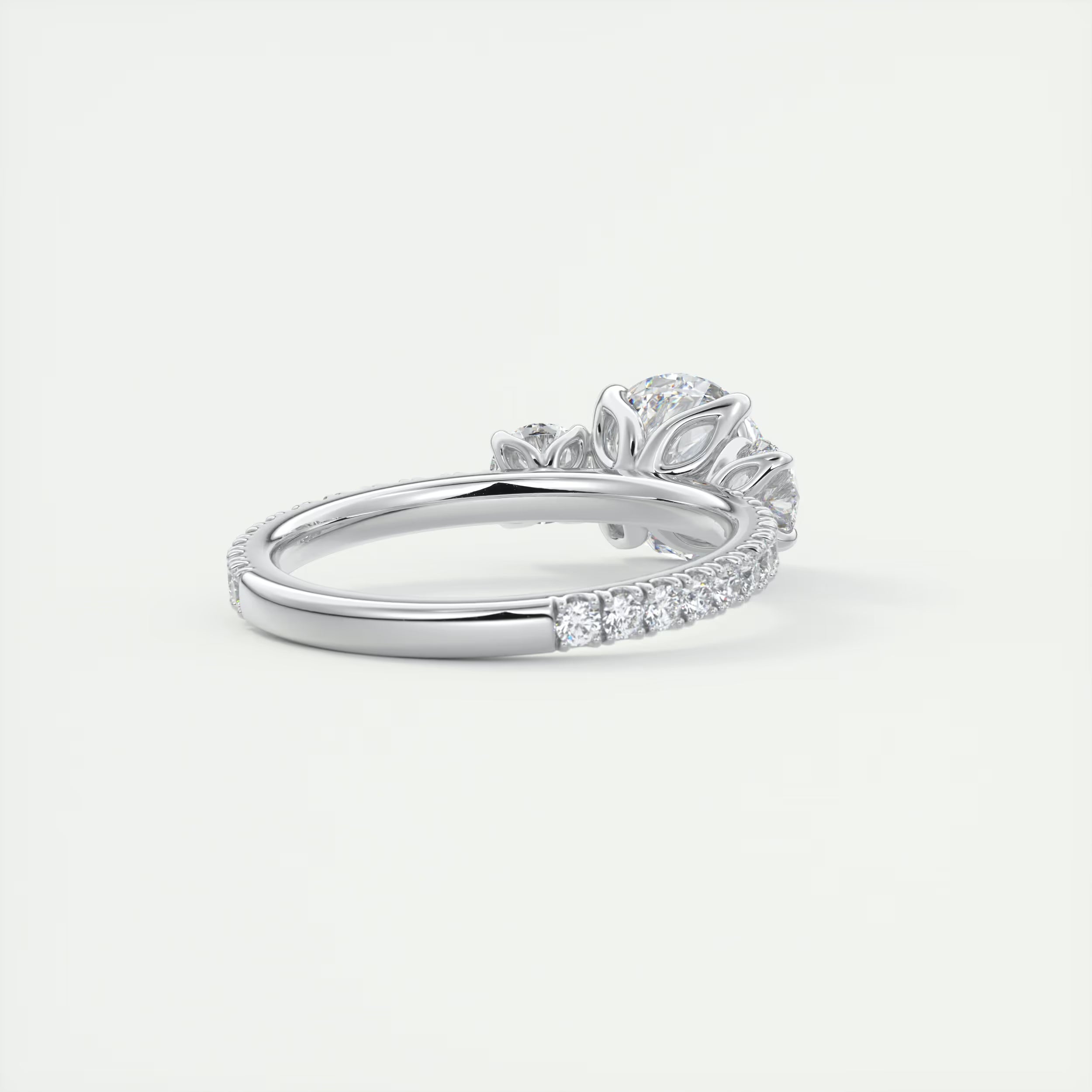 2.15 Ct Royale Three Stone Round -Floral French Set Pavé Engagement Rings